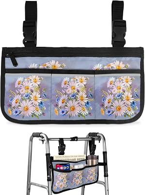 Daisy Flowers Wheelchair Side Bag Walker Bag, Spring Rustic Floral Watercolor Blue Wheelchair Accessories Armrest Pouch, Organizer Storage Bag for Walkers, Rollators, Scooters, 7.3''x13''