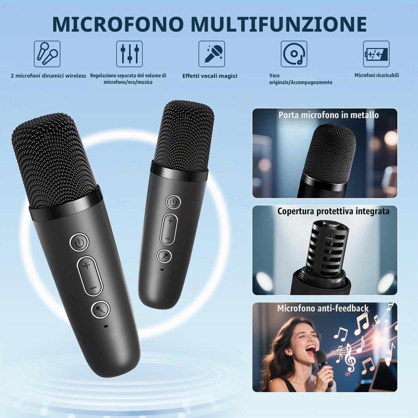 Karaoke Bambini con 2 Microfoni, Microfono Karaoke per Bambini e Adulti con Luce LED, Macchina Karaoke Portatile con Effetti di Cambio Voce, Regali per bambini da 3 a 12 anni