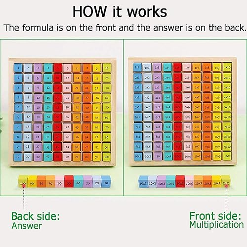 Miniatura 2 de Umbresen Juego de mesa de multiplicación de madera, 100 cubos de bloques Montessori 10 x 10 veces bandeja de mesa con respuestas, juguetes de