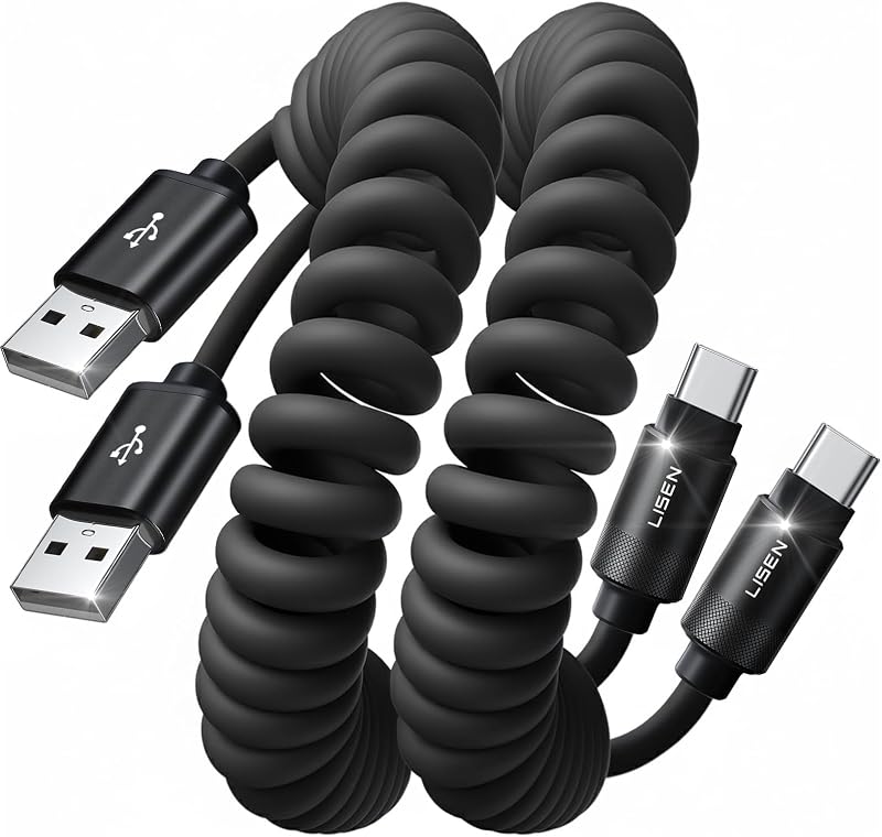 Coiled USB-A to USB-C Cable 2 Pack Android Auto Cable Car Cord | for CarPlay Cable, Gifts for Men Women Compatible with iPhone 17/16/15, Samsung Galaxy S25/S24/S23 A15/A14, Black 4FT
