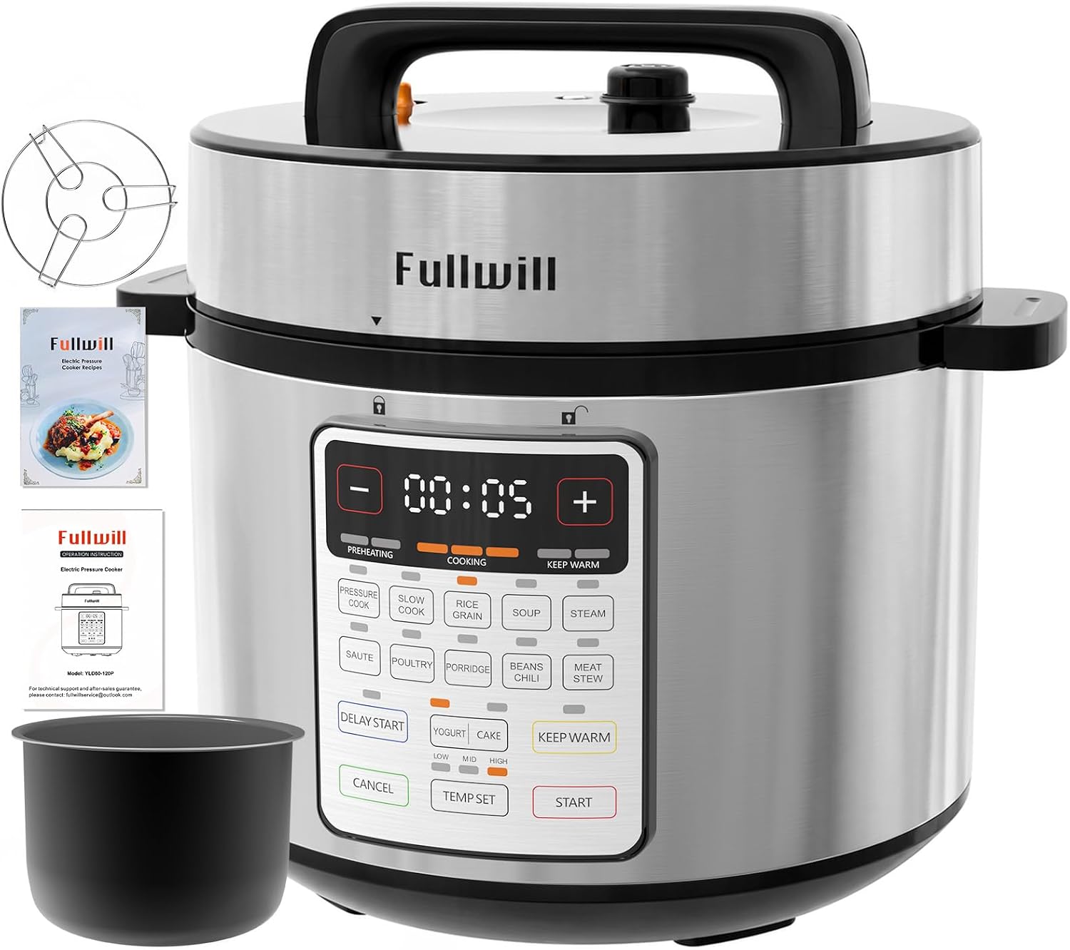 Fullwill 8QT Electric Pressure Cooker, 12-in-1, Ceramic Nonstick Pot, Sauté, 1200W Fast Cook, Slow Cook, Steam, Yogurt, Rice Cooker, for Family Meals, 1200W,Silver