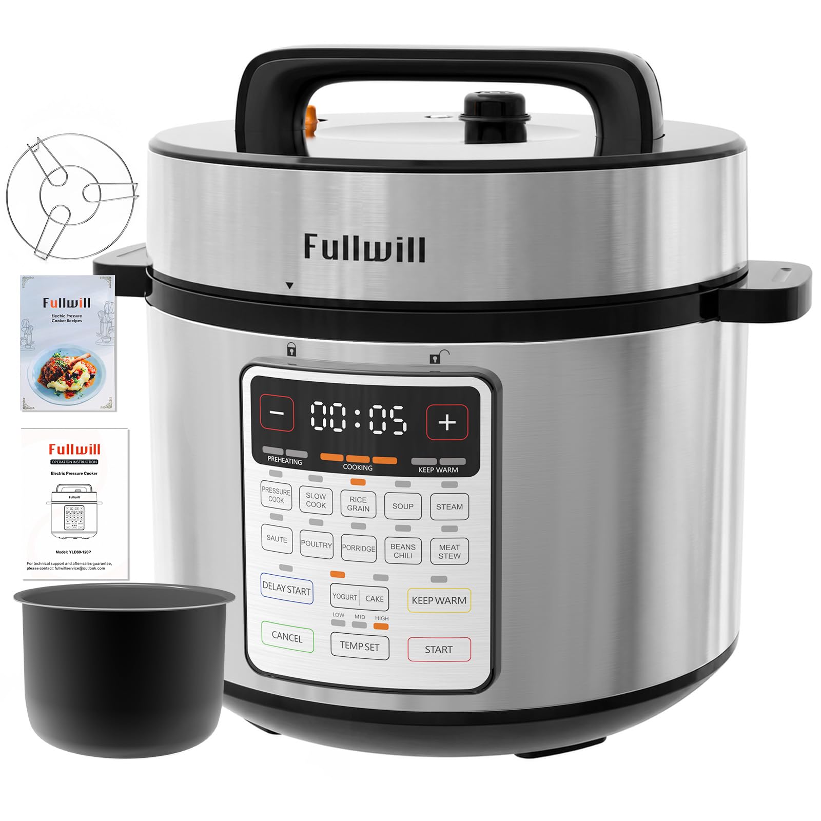 Fullwill 8QT Electric Pressure Cooker, 12-in-1, Ceramic Nonstick Pot, Sauté, 1200W Fast Cook, Slow Cook, Steam, Yogurt, Rice Cooker, for Family Meals, 1200W,Silver