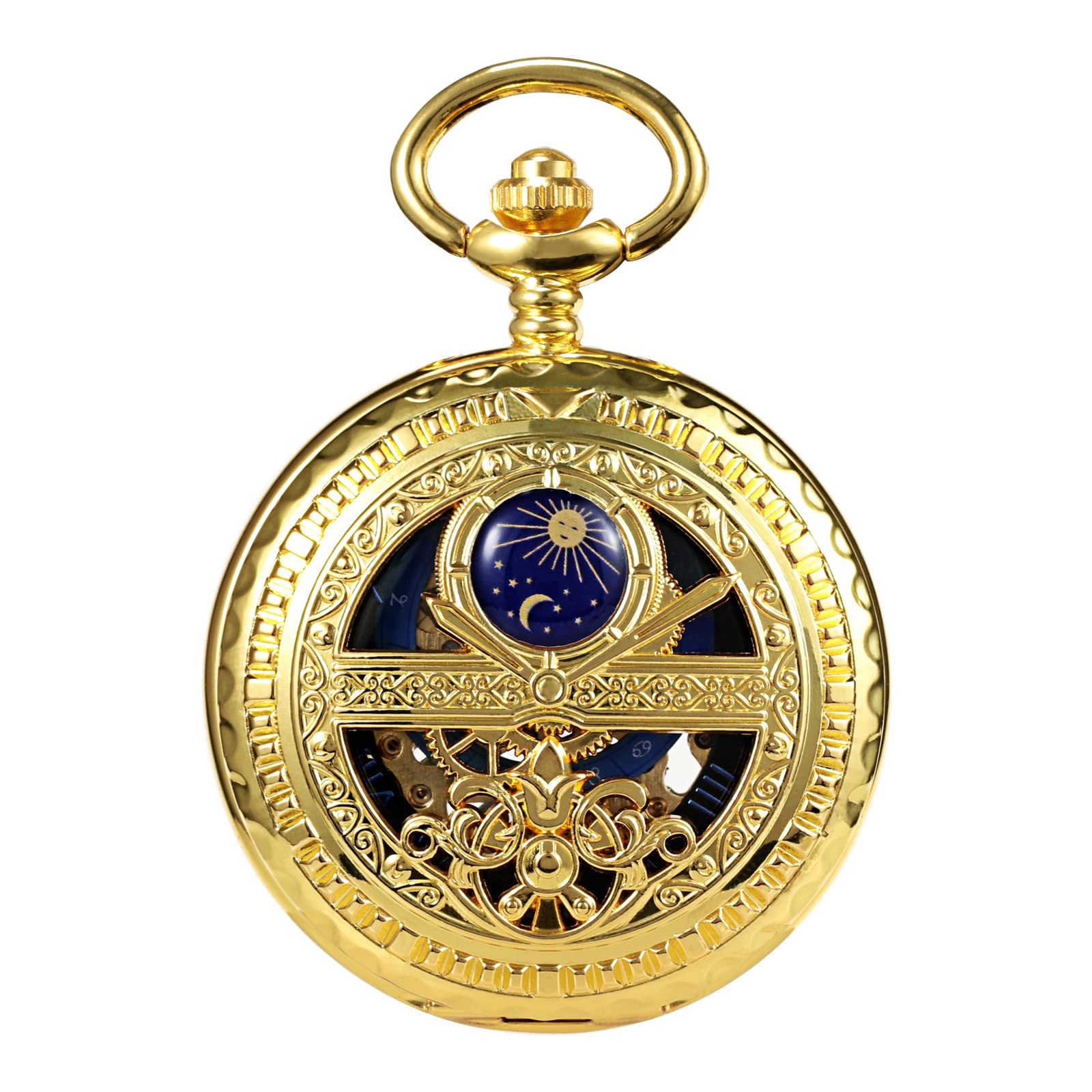 TREEWETO Orologio da tasca meccanico da uomo, sole e luna, scheletro, numeri romani, orologi da tasca con catena da uomo