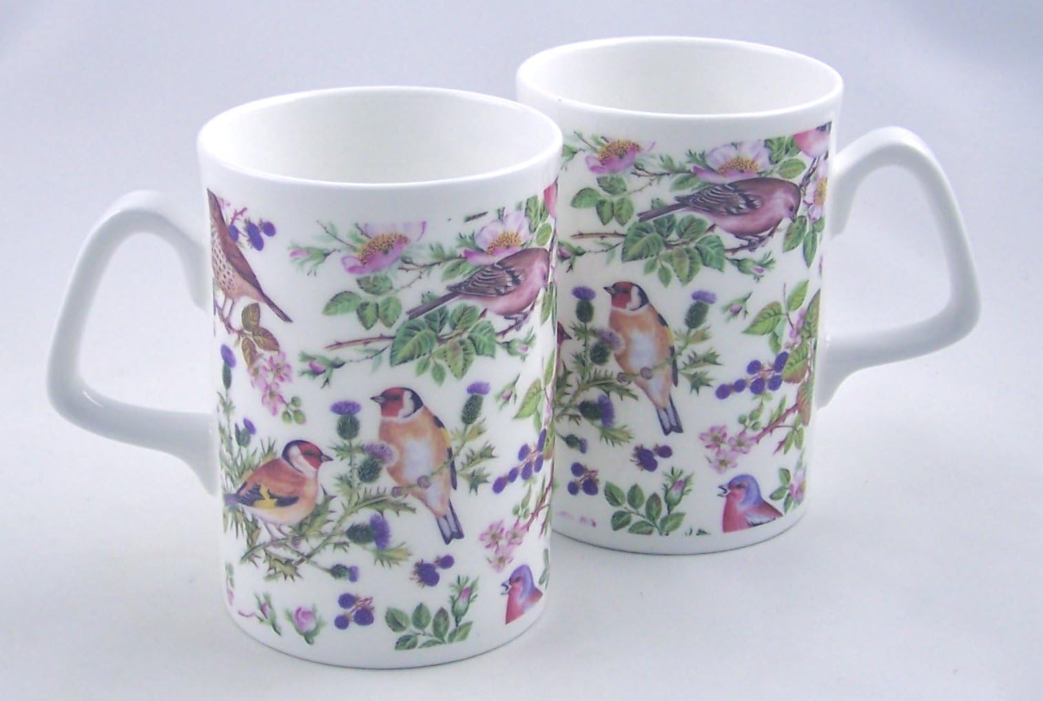 Pair Fine English Bone China Coffee Mugs - Wild Bird Chintz By Royal Victorian China, England