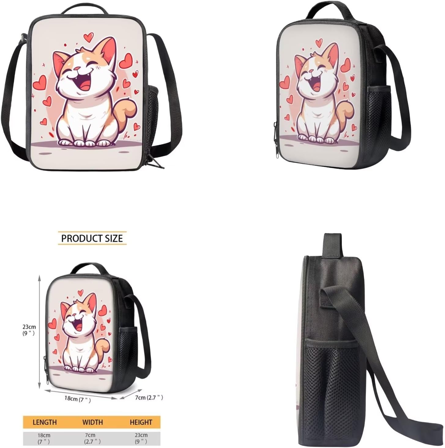 Cartoon Cat Backpack School Set 4Pcs with Lunch Bag Pen Bag Set and Water Bottle Case Cover School Backpack Backpack for School Girls Large Capacity Waterproof Bookbag
