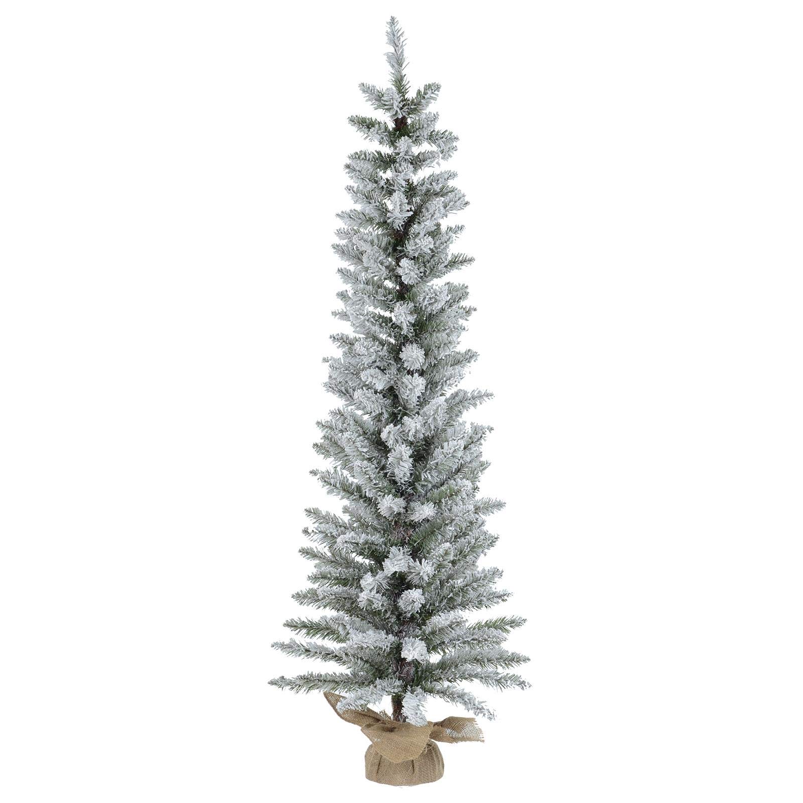 Pencil Christmas Tree Artificial Snow Covered Green Pine Jute Fabric Base 1.5m
