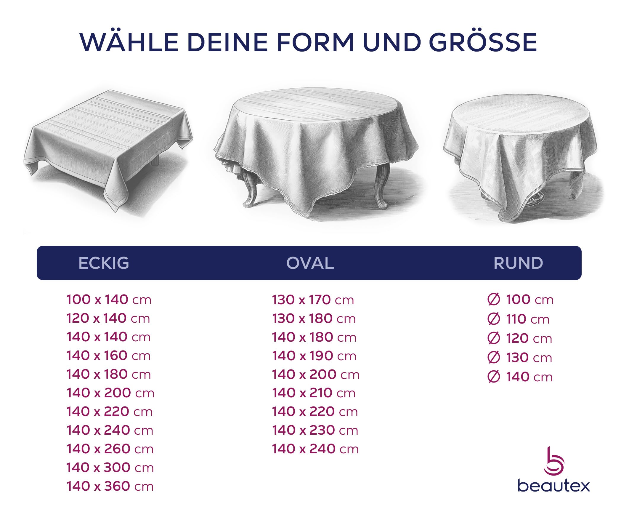 OVAL ROUND ECKIG, nappe de jardin en toile cirée, taille et motif au choix Rund 140 cm Weiß