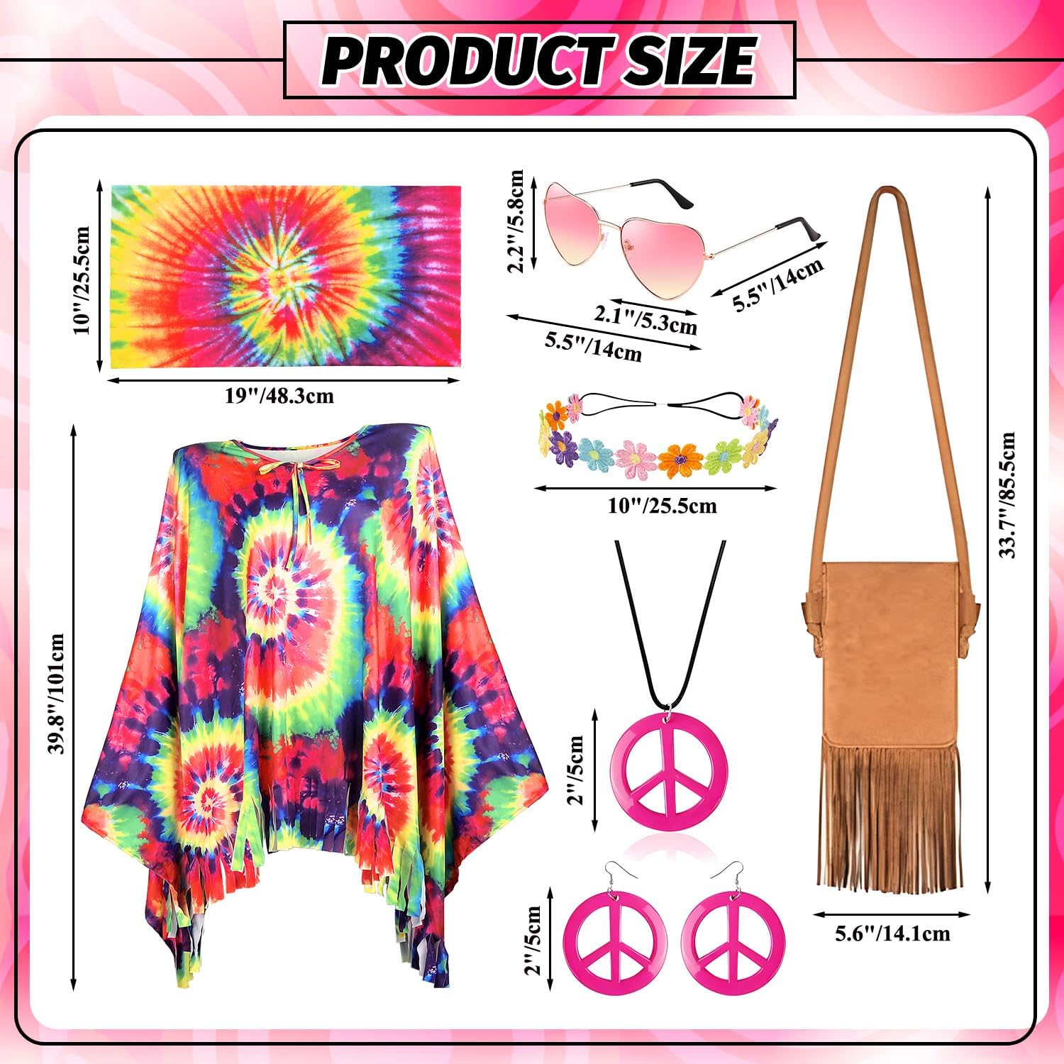 iZoeL Costume Hippie Uomo Donna Anni 70-80 - Mantello/Top Parrucca Hippie Borse Occhiali da Sole Fascia per Capelli Orecchini Collana Pace, Costume Carnivale/Halloween Anni 70-80（Vedi la descrizione）