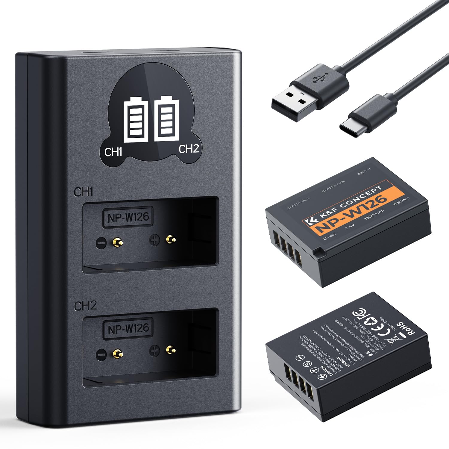 K&F CONCEPT NP-W126 NP-W126S Batterie et Chargeur Double 1300mAh Remplacement Batterie Compatibles avec Fujifilm XM5, X100VI, X100V, XS10, XT30, XT30 II, XT20, XE4, XE5, A5,X Half(HF1)