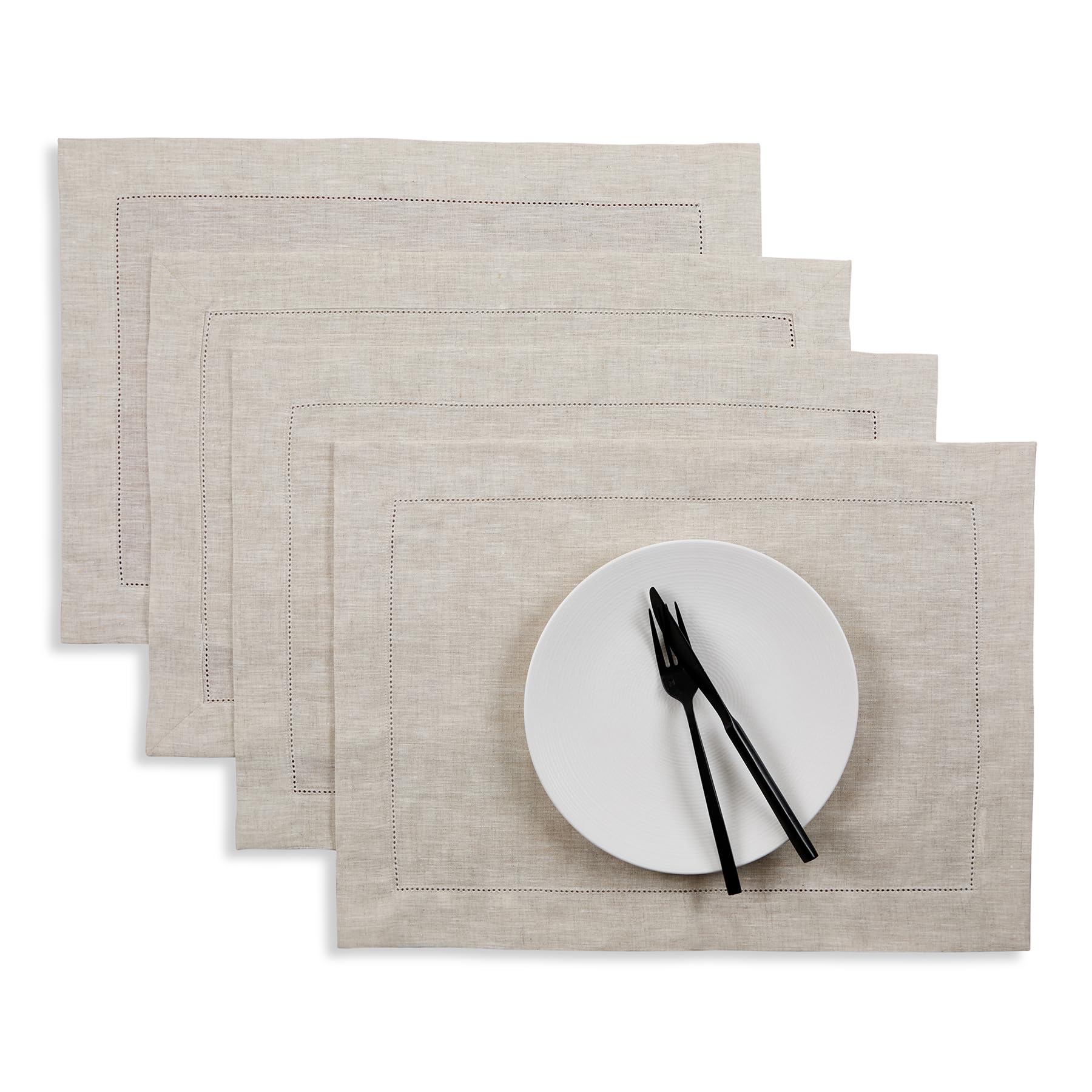 Solino Home Linen Placemats Set of 4 - Classic Hemstitch Light Natural Placemats 14 x 19 Inch - 100% Pure Linen Table Mats for Christmas, Holiday, New Year