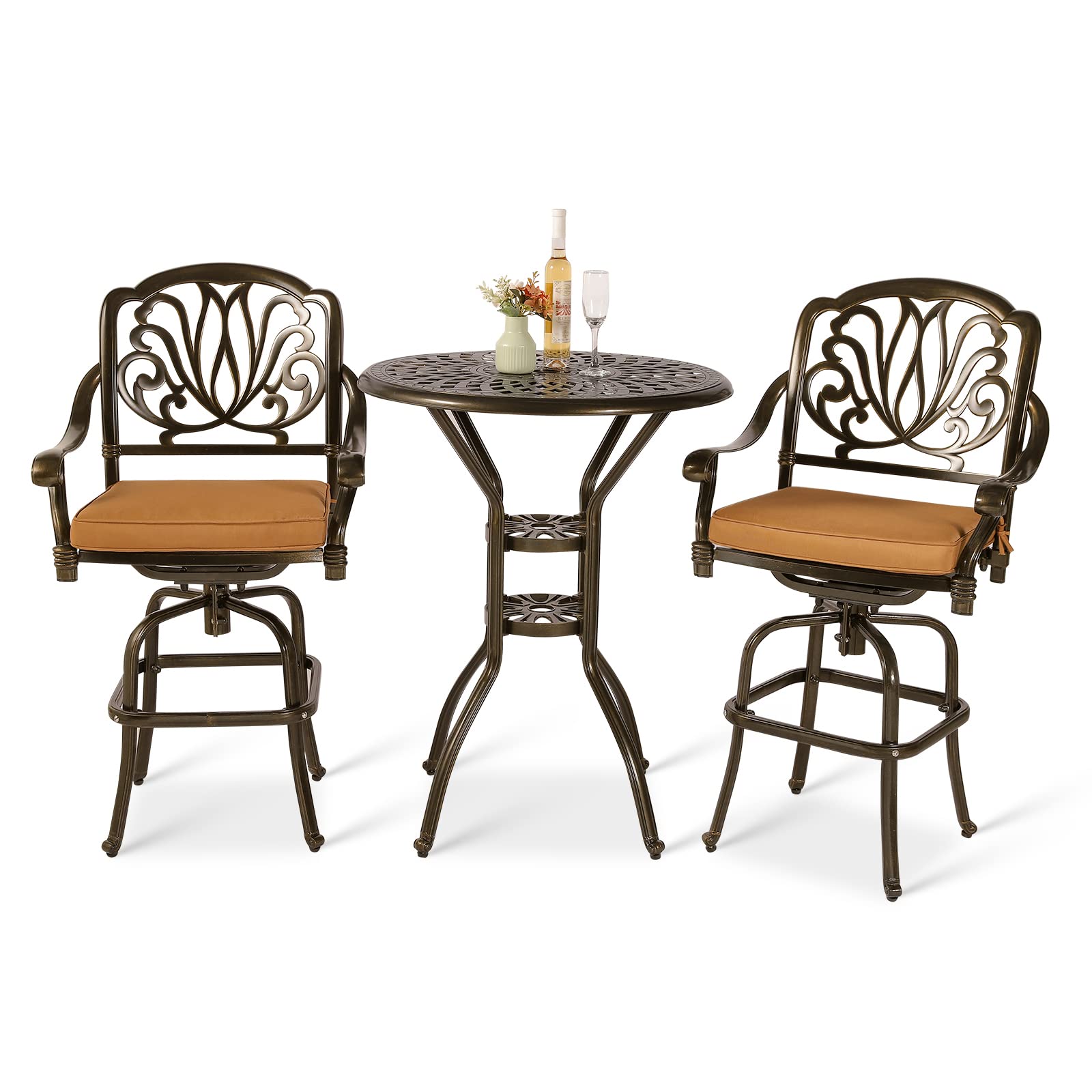 VIVIJASON 3-Piece Patio Swivel Bar Stools Set, All Weather Cast Aluminum Outdoor Bar Height Bistro Set with 2 Cushioned Bar Chairs & 31" High Bar