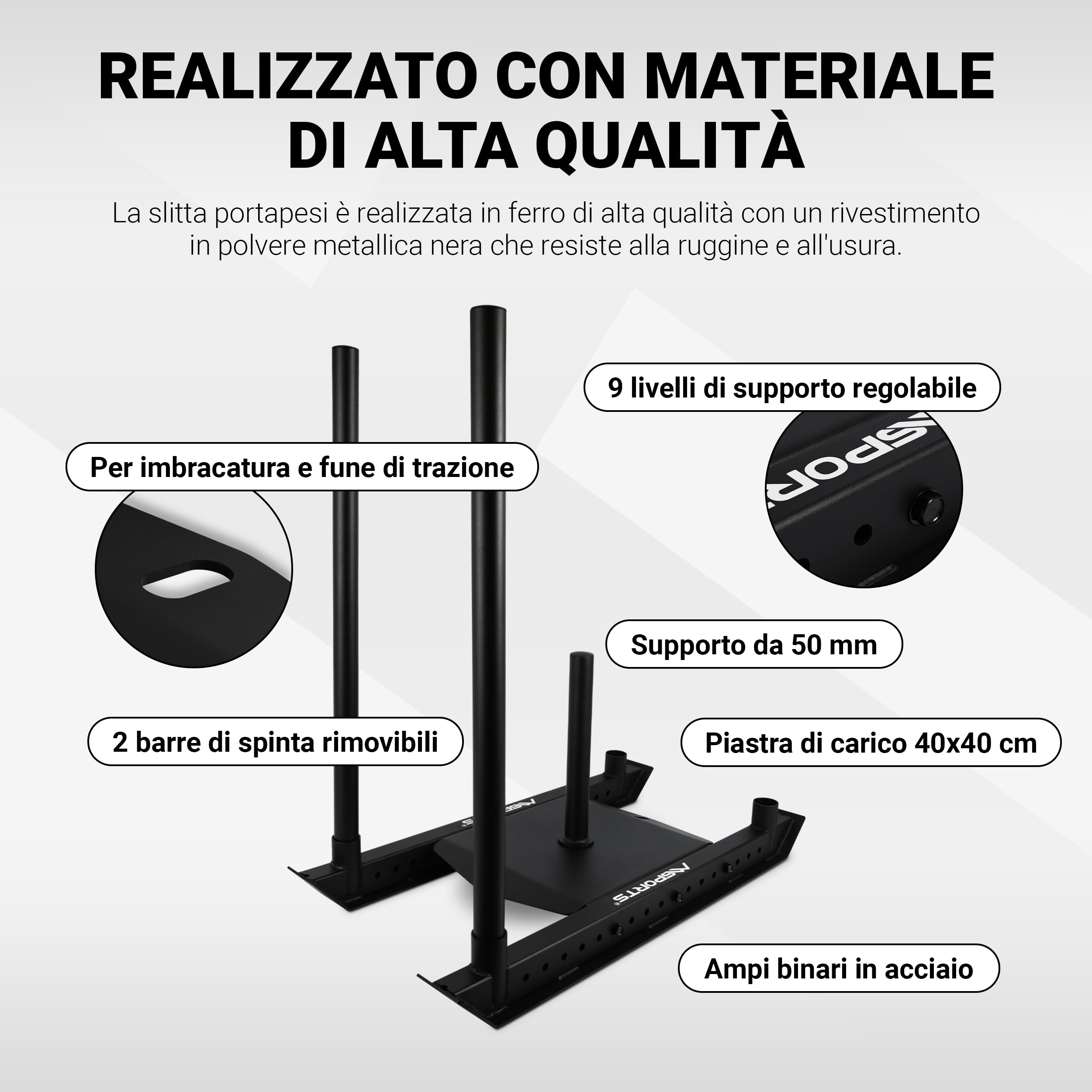 MSPORTS Slitta per Pesi Premium - Power Sled, Slitta da Sprint e Traino, Allenamento ad Alta Forza, Esercizi di Pressione e Trazione, Nero