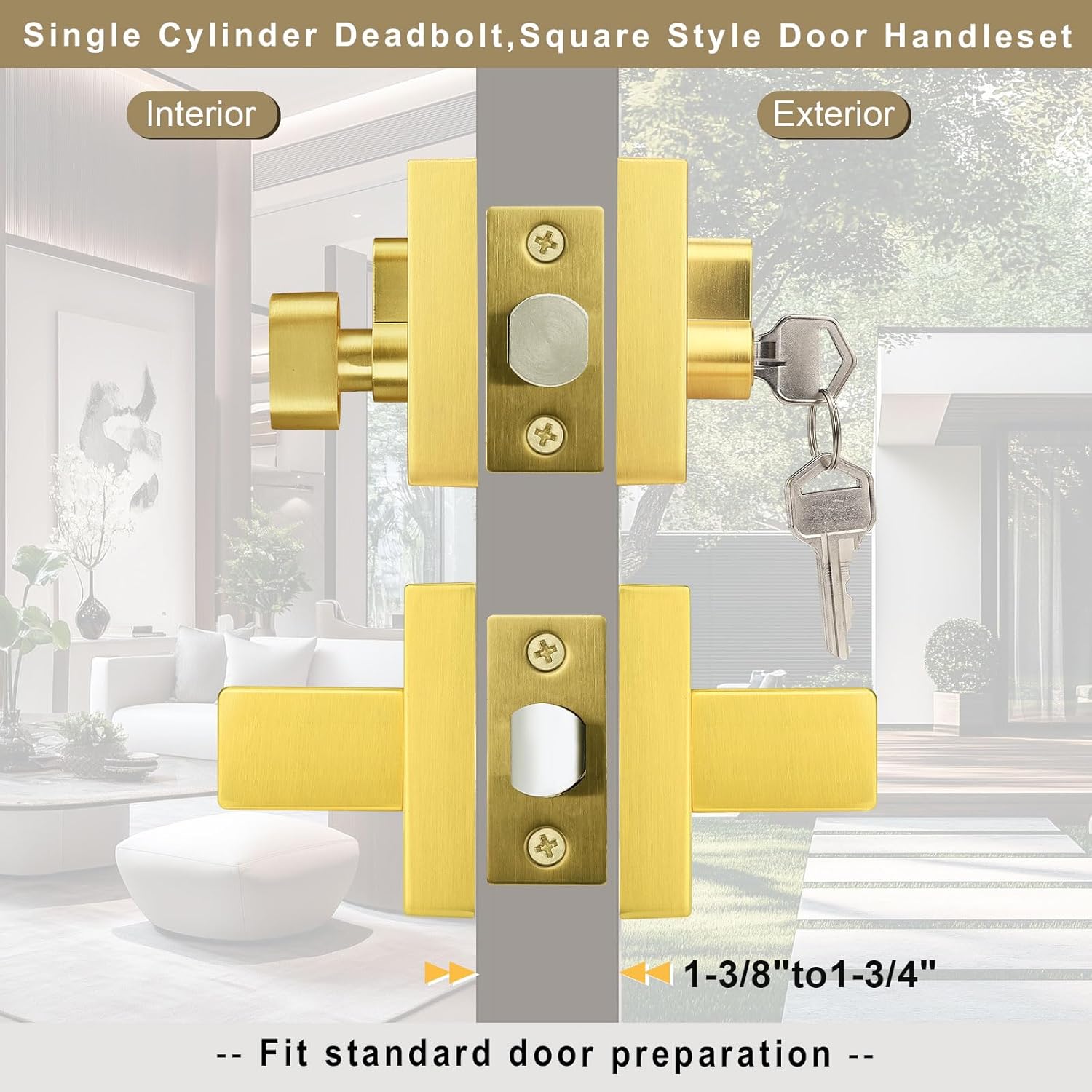 3 Pack Gold Passage Door Handle Sets with Deadbolt, Brass Exterior Door Locksets Square and Single Cylinder Deadbolt, Keyed Alike Heavy Duty Front Door Handleset for Interior/Exterior Doors