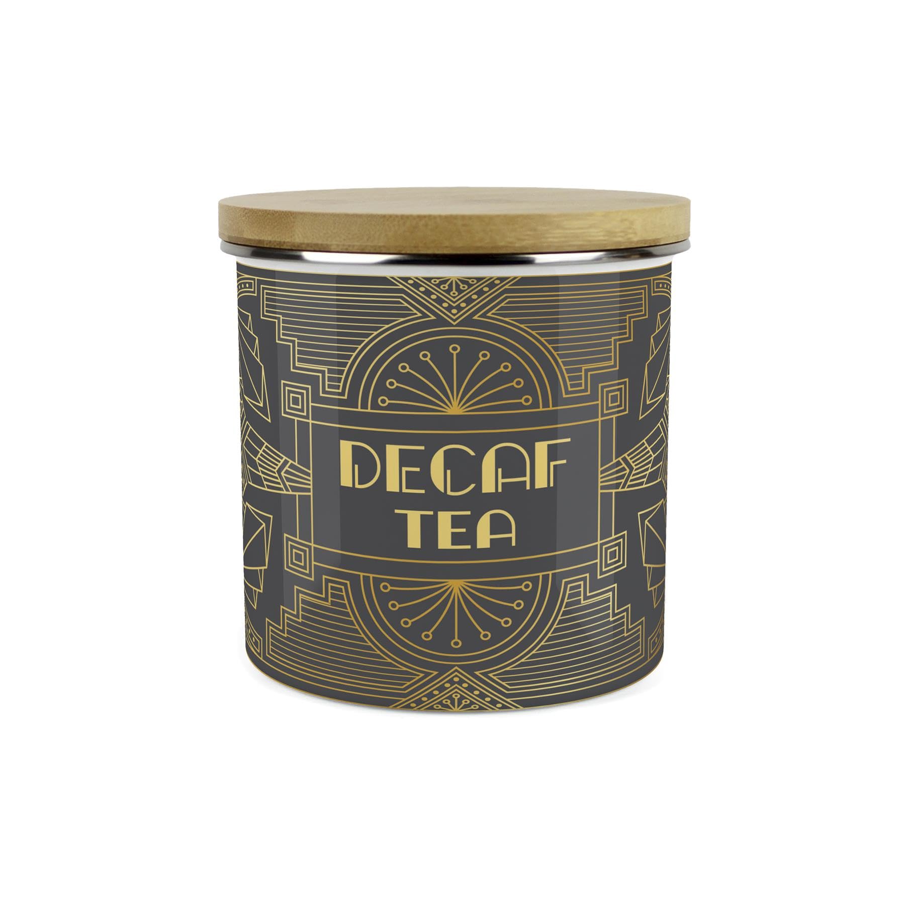 Purely Home Vintage Glamour Decaf Tea Storage Canister - Retro Art Deco Hollywood Interiors - Gold & Charcoal 1.2L Enamel Kitchen Storage Container