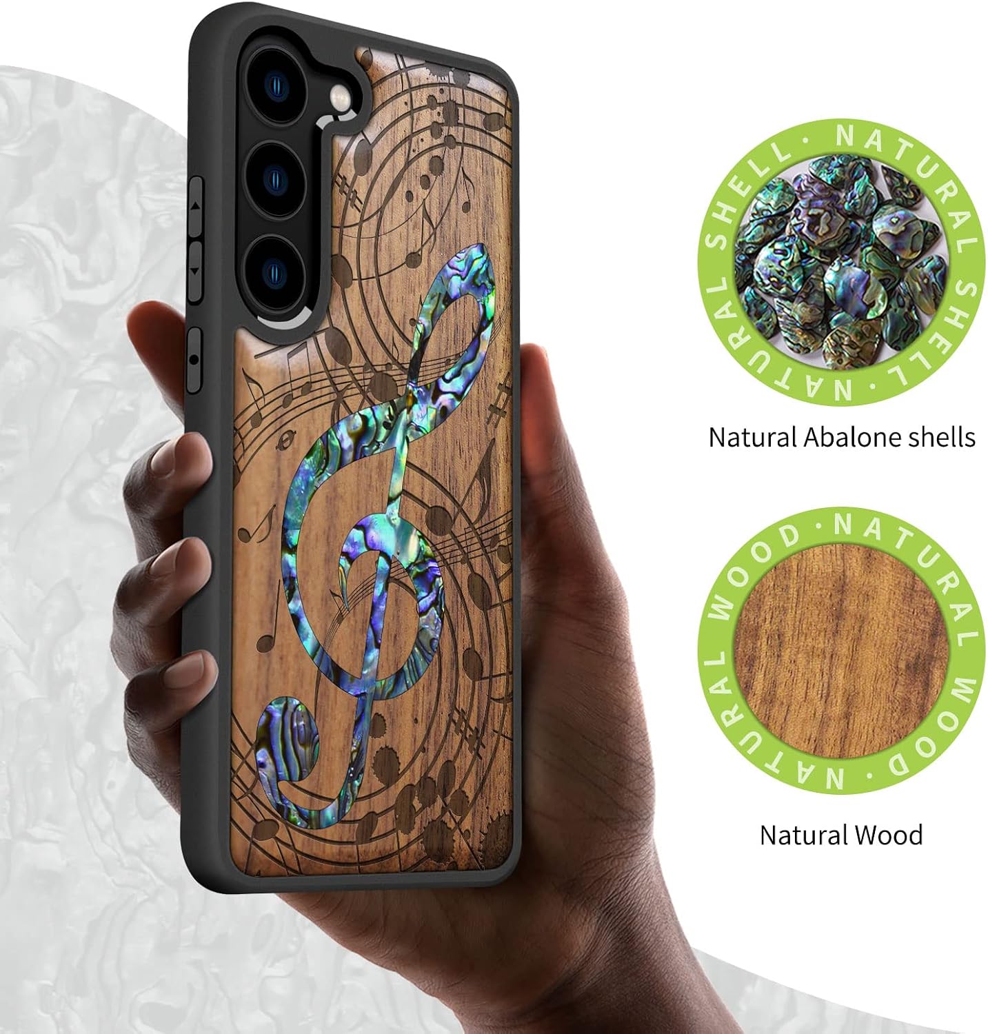 Carveit Designer Wooden Case for Samsung Galaxy S23 Cover [Wood Engraving & Shell Inlay] Unique Wood Phone Case Compatible with Wireless Chargers Galaxy S23 Case (Musical Note-Walnut)