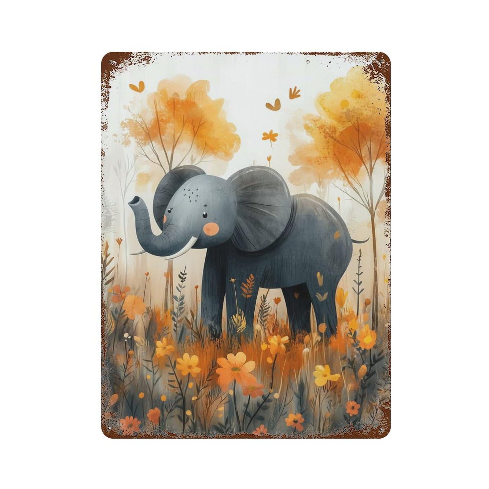 Elephant in A Field of Flowers Rusty Metal Tin Sign 15.7"x11.8", for Farmhouse, Kitchen And Entryway Decor, Rustic Home Decor