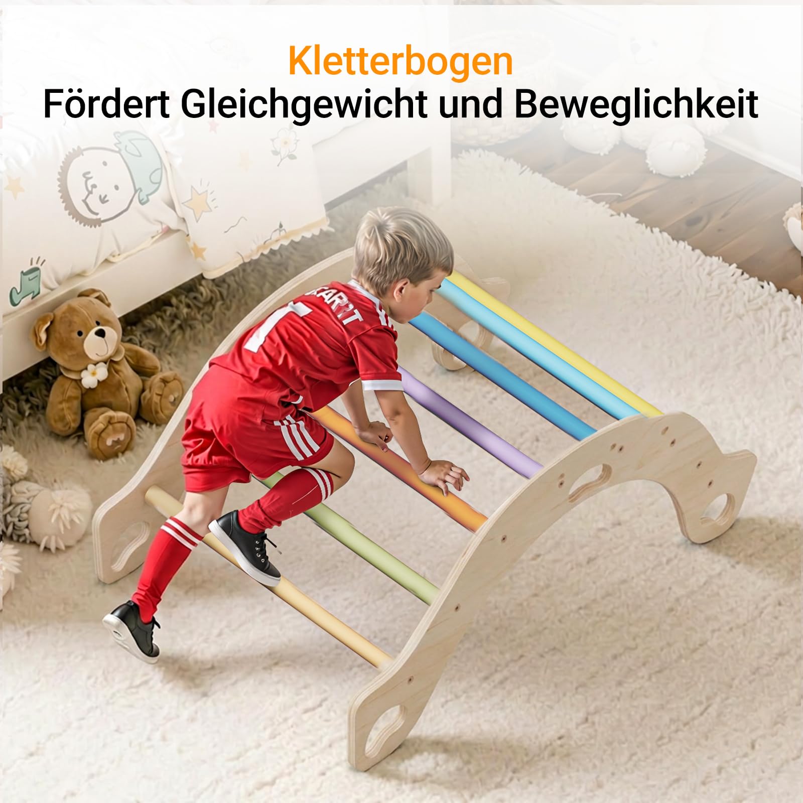 COSYLAND Montessori Kletterbogen aus Holz mit Kissen, Baby Kletterbogen ab 1 Jahr, Holzwippe Indoor zum Wippen, Klettern und Krabbeln, Bogenwippe Regenbogen