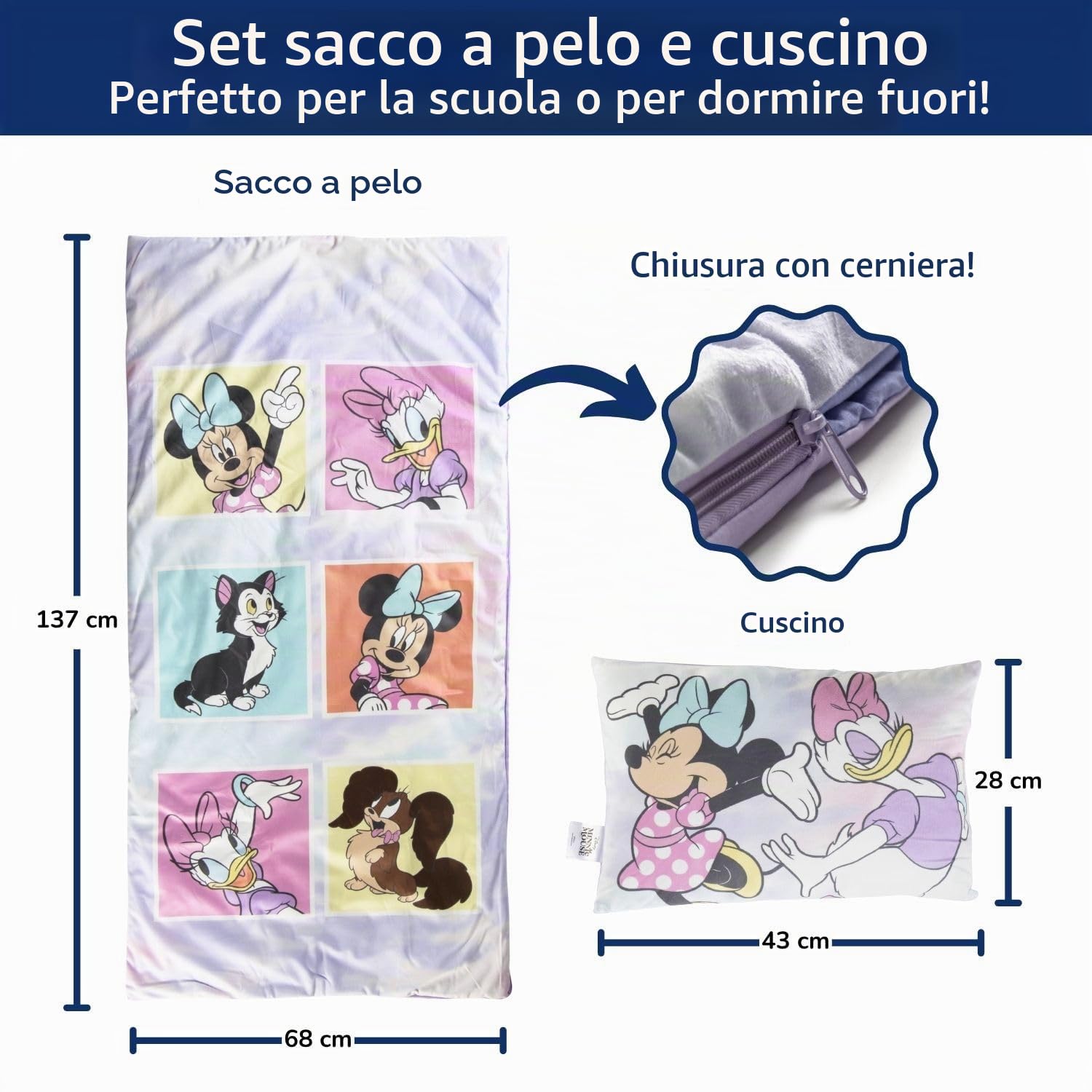 Set sacco a pelo e cuscino Disney Minni, Minnie Mouse - Comodo sacco nanna da viaggio con manico, ideale per gite scolastiche e pigiama party