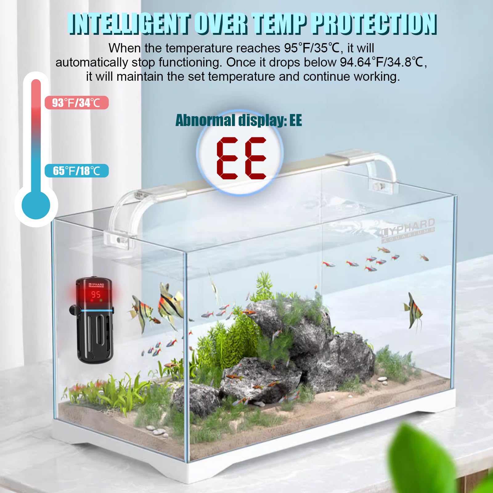 LYPHARD AQUARIUMS Calentador electrónico para acuario, calentador de pecera pequeño de 500 W, calentador sumergible ajustable, control de temperatura PID con LED digital, apagado automático de secado