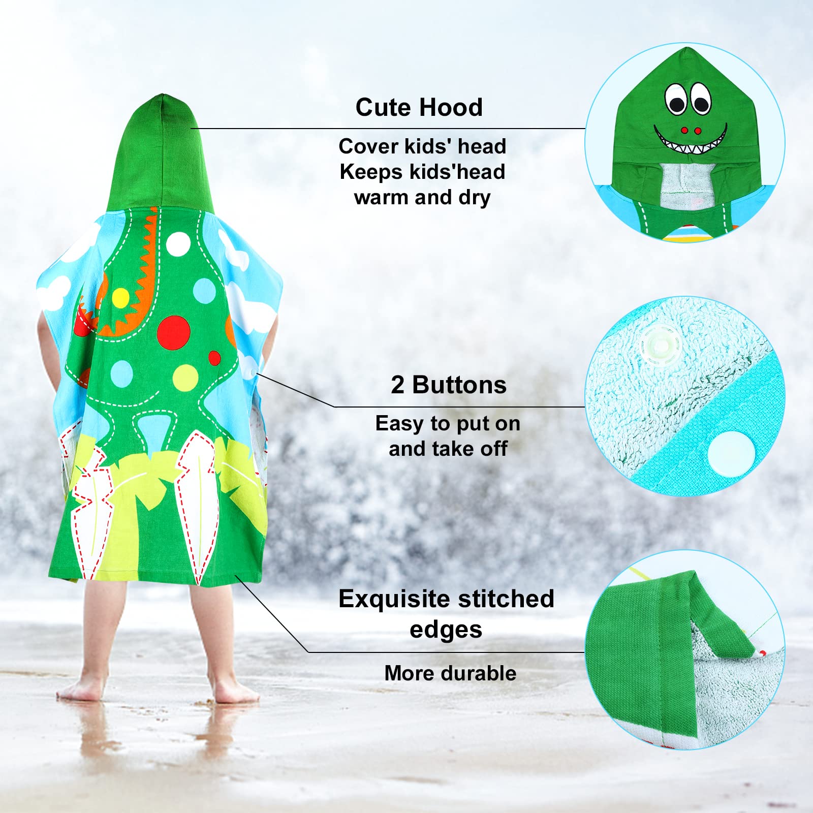 FLYISH DIRECT Badeponcho Kinder 100% Baumwolle Kinderhandtuch Poncho Kinder Badetuch Handtuch mit Kapuze Strandtücher für Jungen und Mädchen, 70x60cm