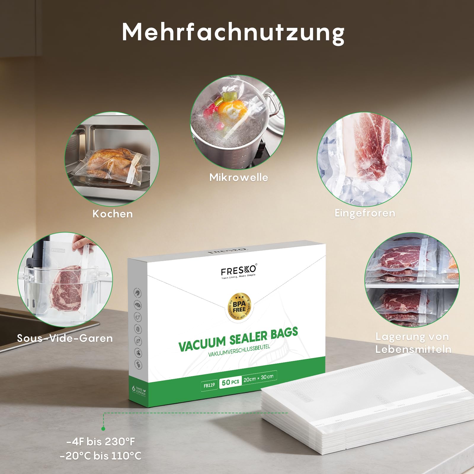 FRESKO V8 Vakuumierer im Bundle + 50 Vakuumierbeuteln 20x30cm | Automatisches Vakuumiergerät mit Trocken-/Feuchterkennung, 95kPa starke Saugleistung, inklusive Beutelschneider und Aufbewahrungsfach |
