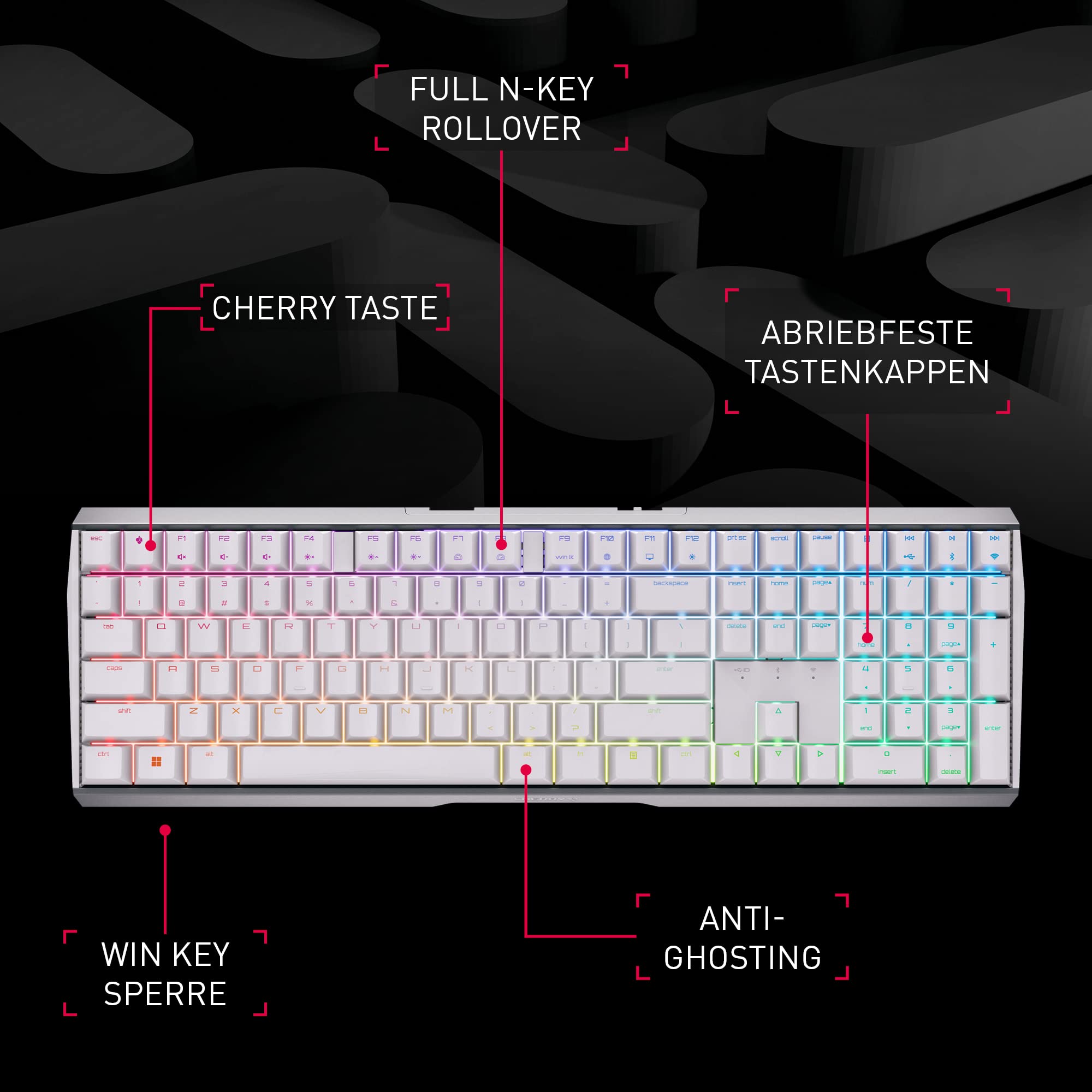 CHERRY MX 3.0S Wireless Kabellose Mechanische Gaming-Tastatur Deutsches Layout QWERTZ Bluetooth Funk Kabelverbindung MX2A RED Switches Weiß