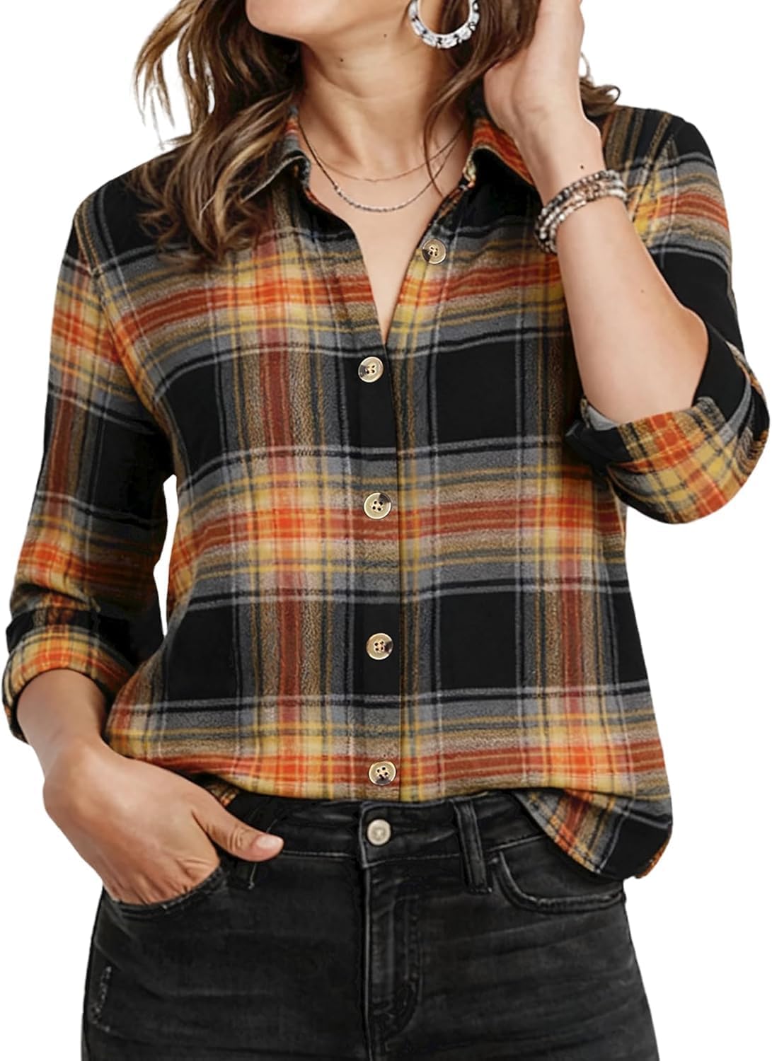 Womens Plaid Shirts Cotton Classic Long Sleeve Button Down Collared Casual Tops Lightweight Fall Blouses 2026