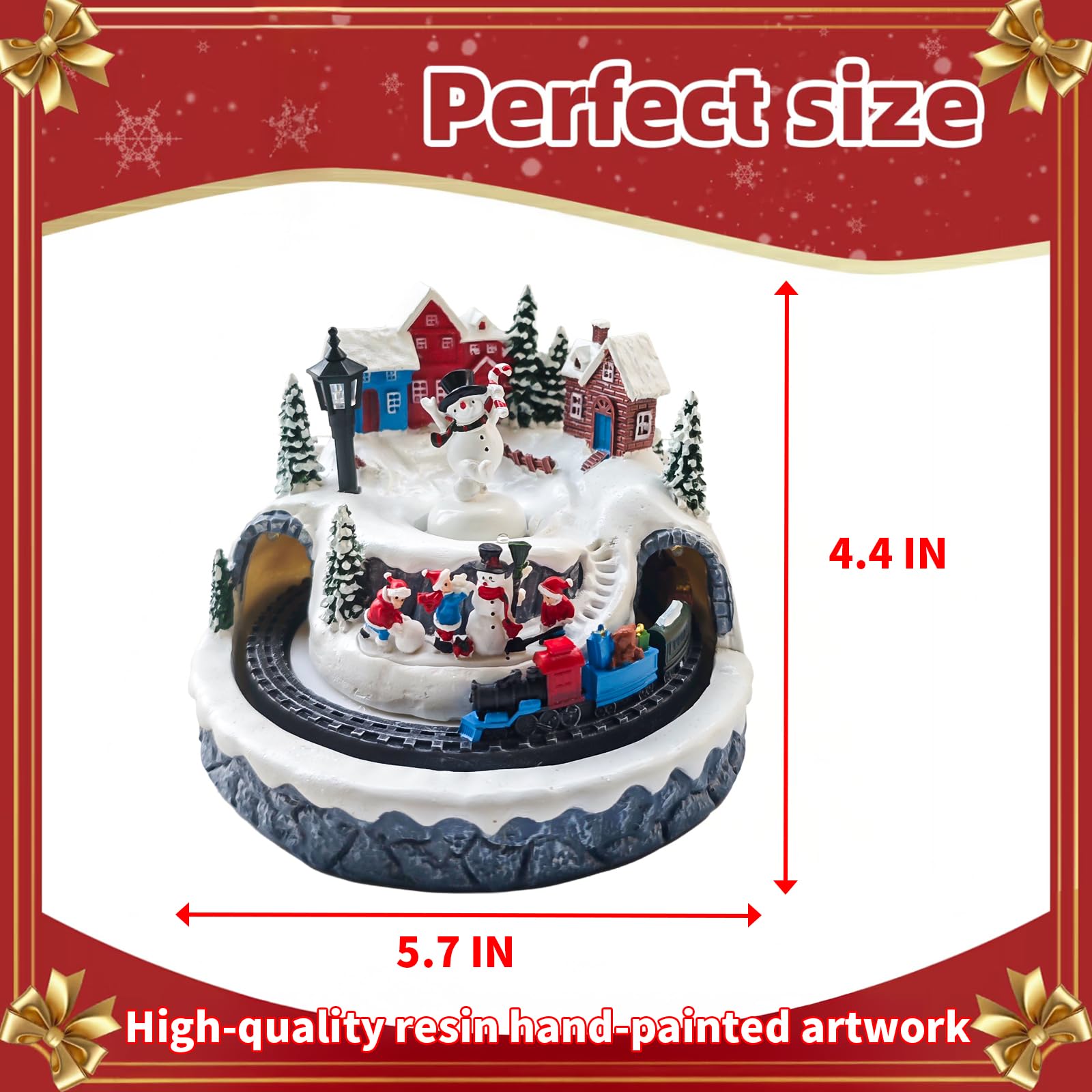Décoration de village de Noël avec train rotatif et bonhomme de neige, bâtiments musicaux de collection, 8 chansons, lumières LED, fonction minuteur et deux options d'alimentation (USB ou batterie