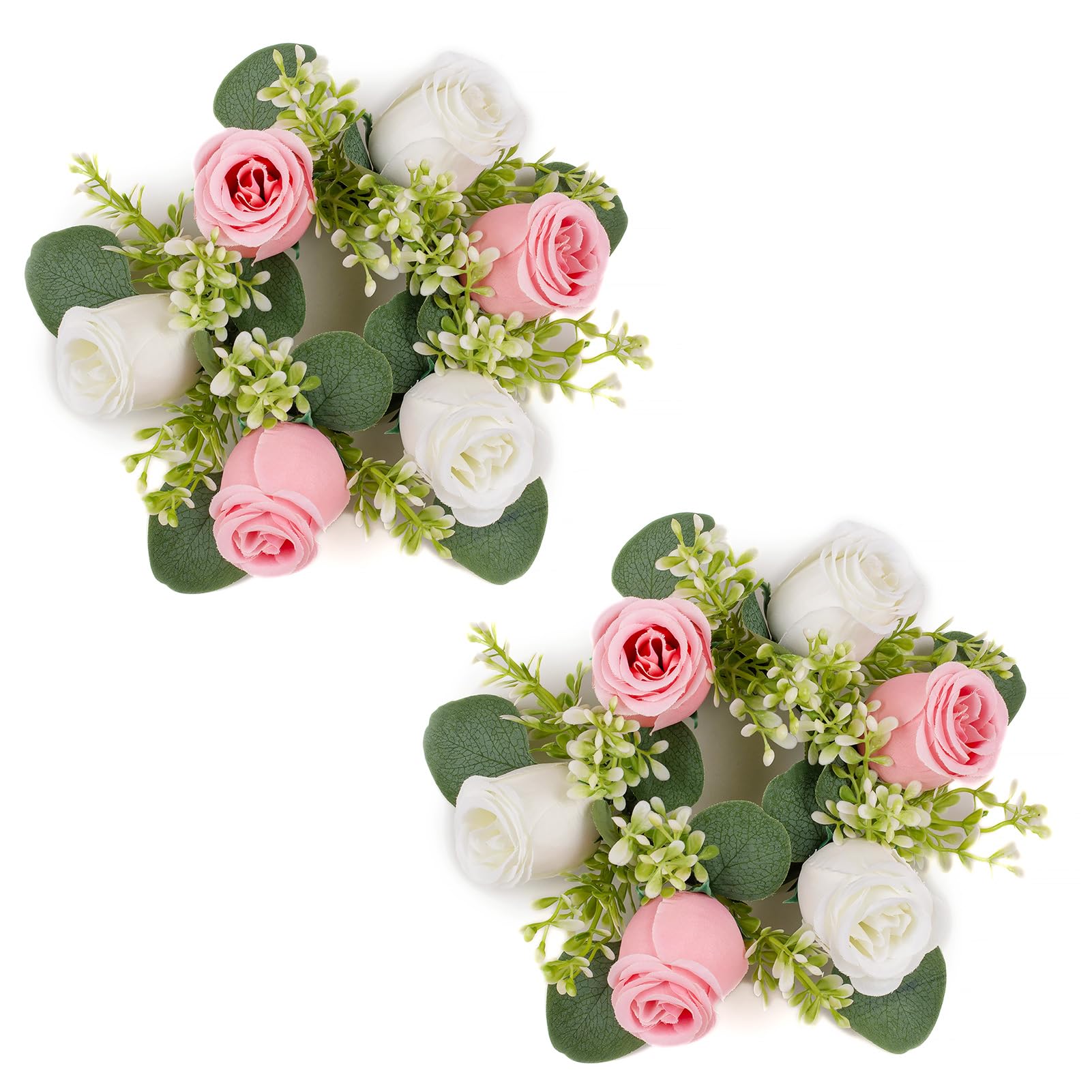 NUPTIO Artificial Flowers Wreath for Decoration - 2 Pcs 22cm Diameter Small Pink & White Fake Roses Wedding Centrepieces for Tables Spring Summer Wreaths for Front Door Weddings Party Ceremony