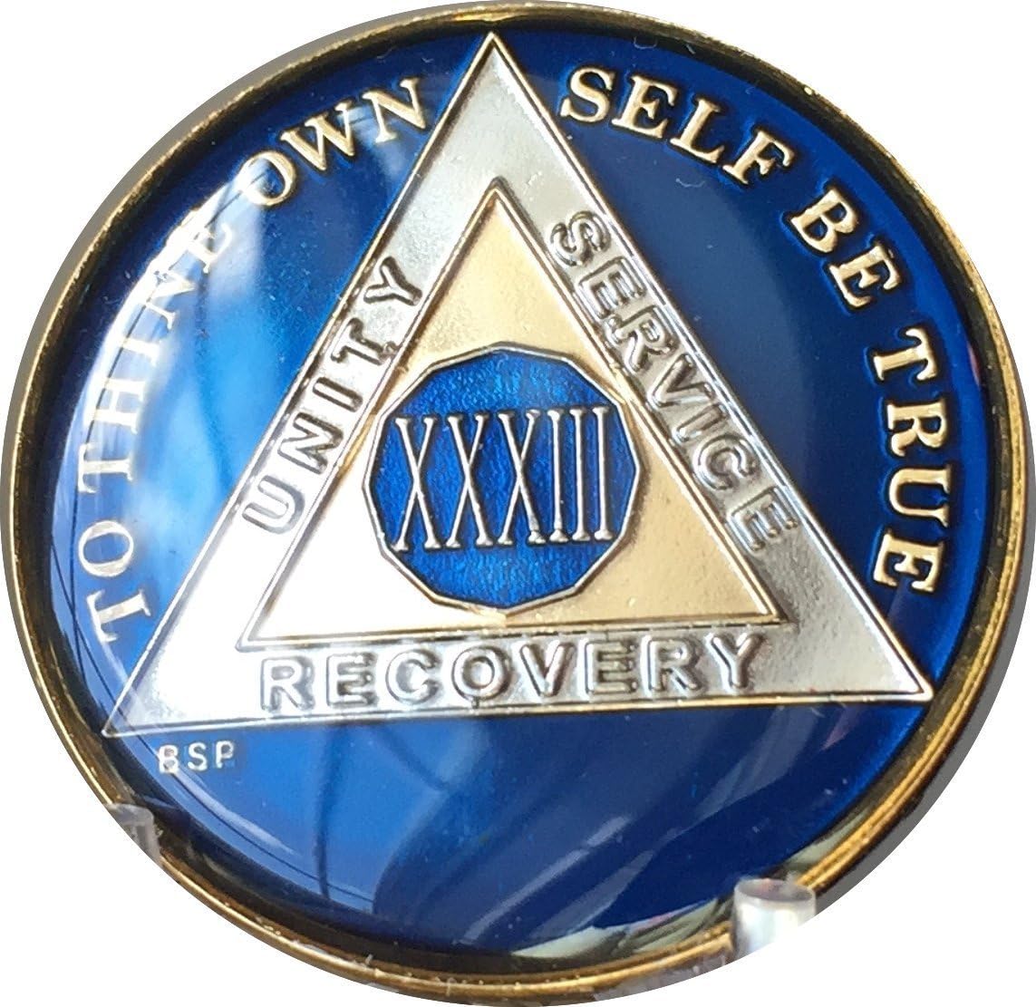 33 Year Midnight Blue AA Alcoholics Anonymous Medallion Chip Tri Plate Gold & Nickel Plated