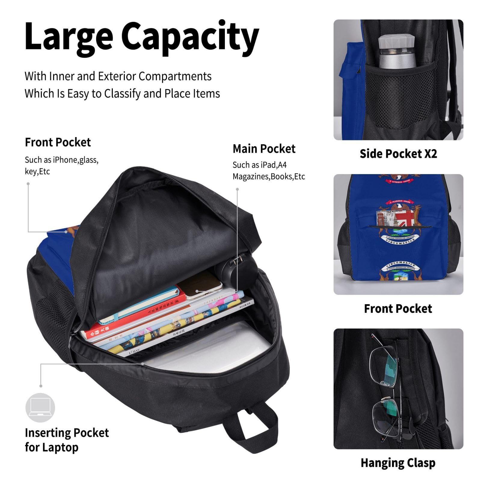 Flaga stanu Michigan plecak dziecko chłopcy dziewczęta pudełko na lunch szkoła torba zestaw uczniów szkoły student prezent, Czarny, One Size, Bagaż