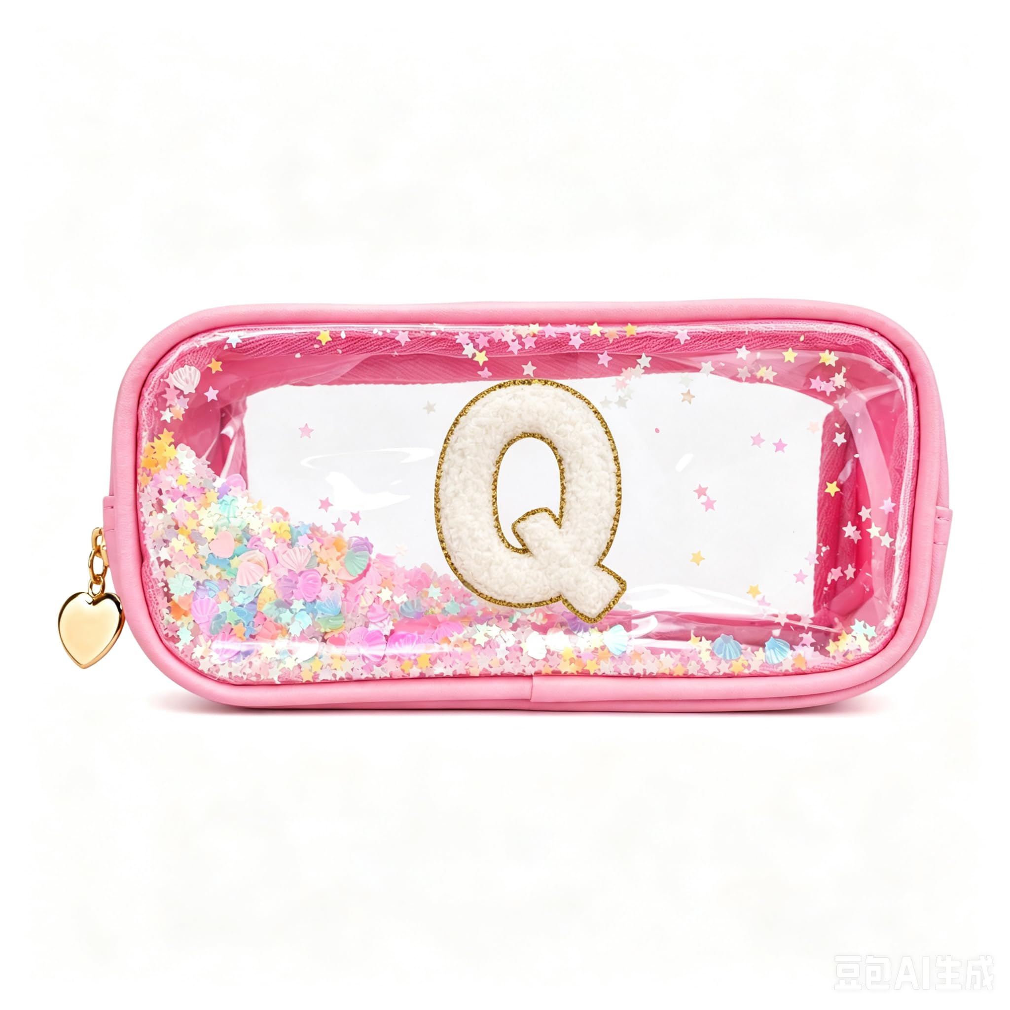 YCDKK The 26 Letters Clear Pink Pencil Case for Girls, Small Cute Transparent Pencil Case with A-Z Initial Design for School & Office, Portable Exam Zipper Pouch for Students, Teens & Women (Q)