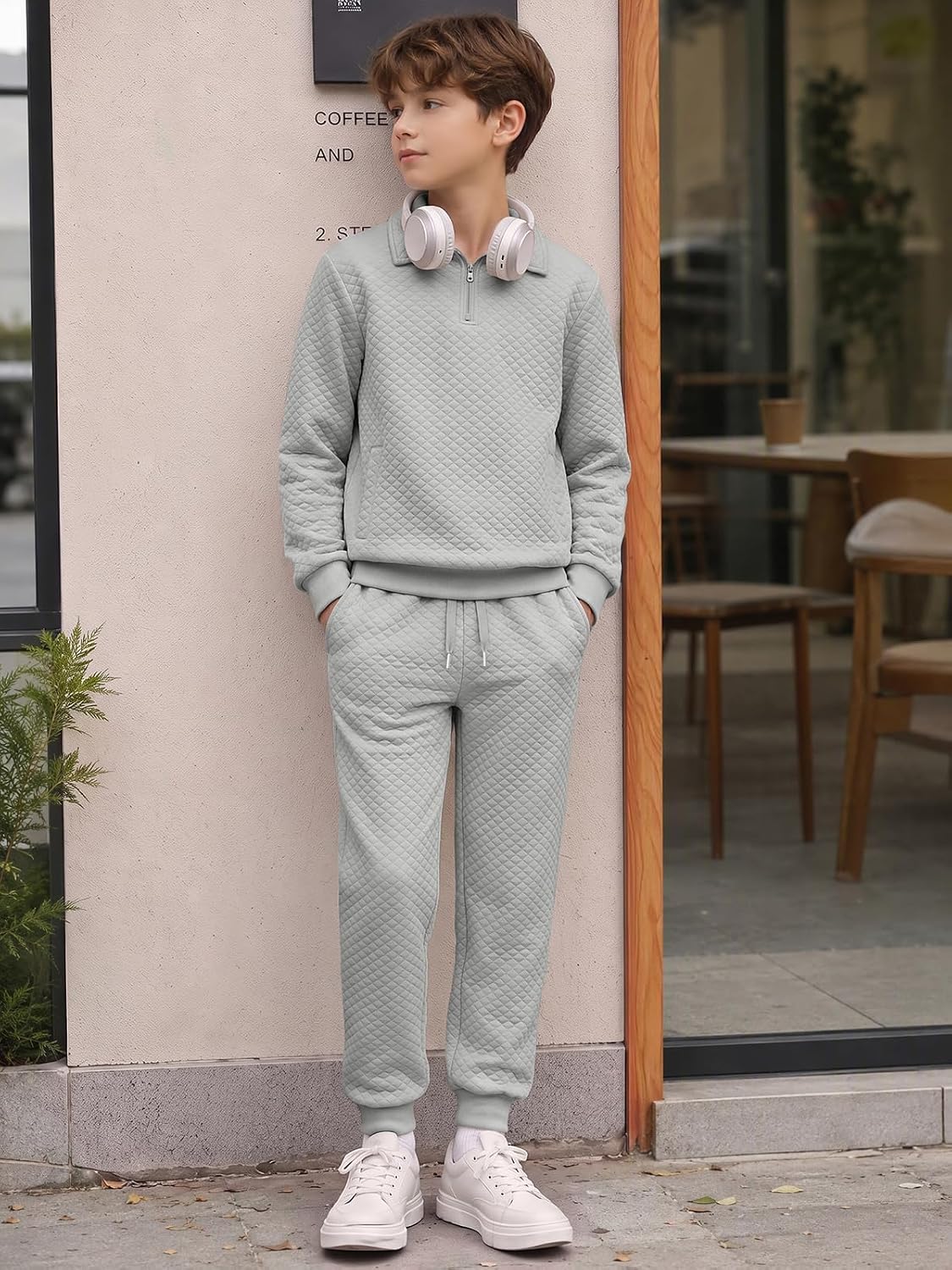 Boys 2 Piece Outfits Quilted Quarter Zip Sweatshirt and Jogger Set image 4