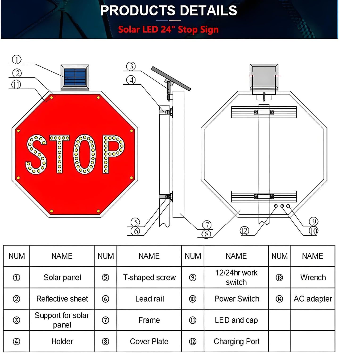 Solar Powered LED Stop Sign - Heavy Duty Aluminum Octagon Traffic Sign with Flashing Lights, Engineering Grade Reflective Film (80cm) for Enhanced Visibility and Safety