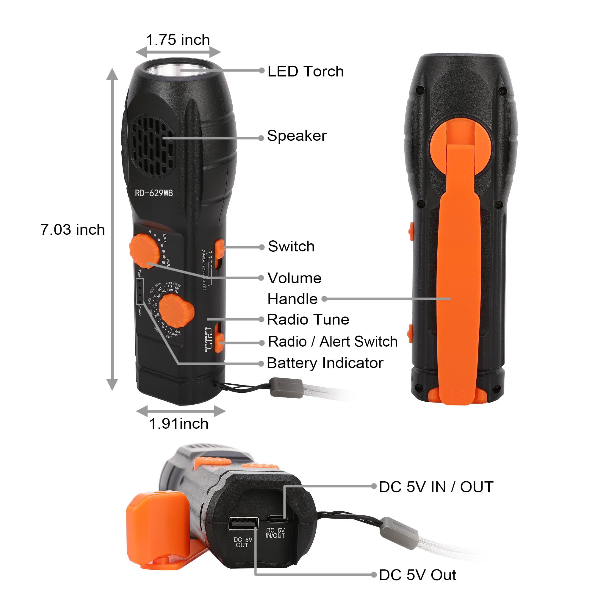 Radio d'urgence à manivelle, lampes de poche pour les urgences avec chargeur de téléphone portable, radio météo AM/FM/NOAA alerte météo et lampe de poche de survie SOS alarme