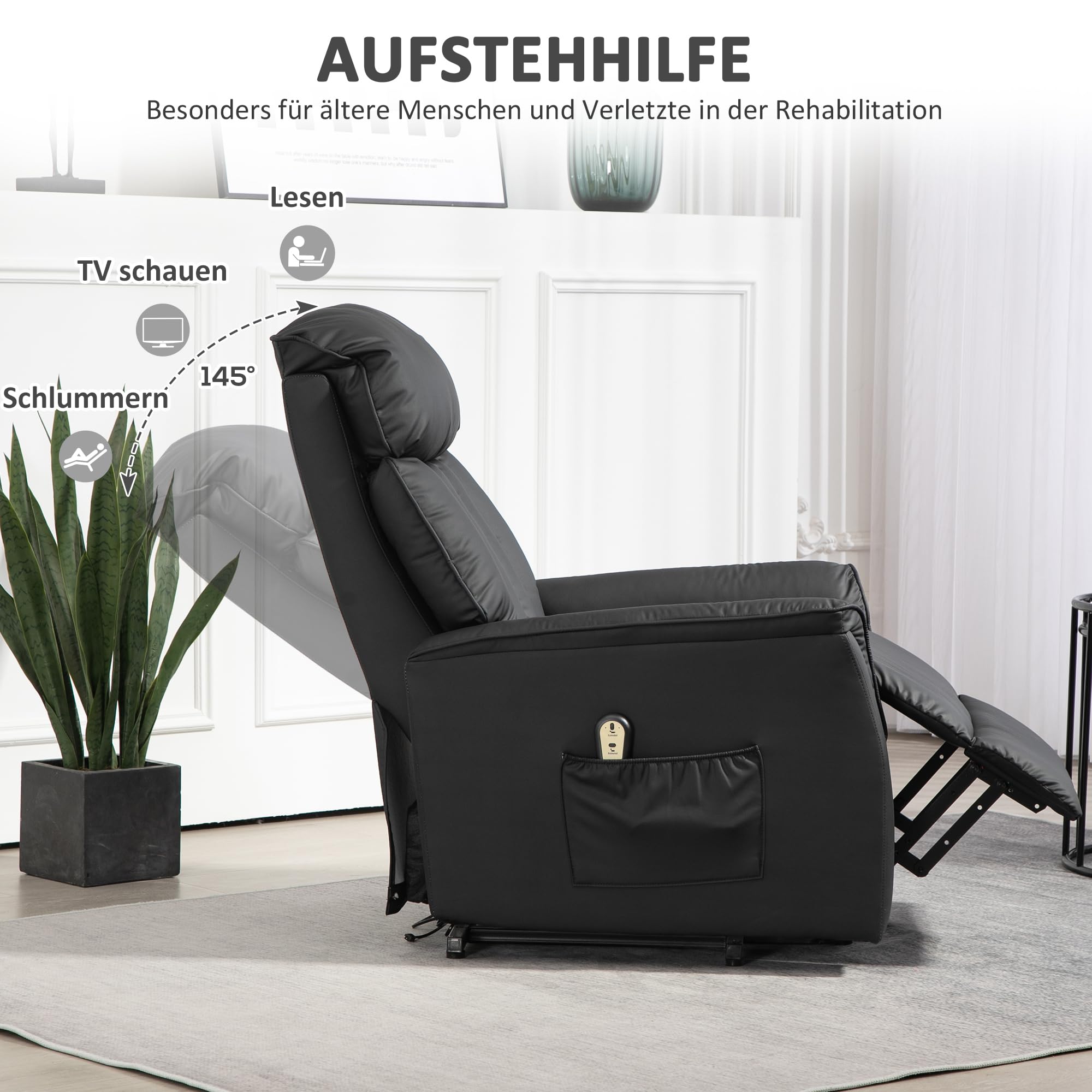 HOMCOM Relaxsessel Elektrisch Fernsehsessel mit Aufstehhilfe, Liegefunktion, TV Sessel mit Fußteil, Seitentasche, Fernbedienung, für Wohnzimmer, bis 150 kg, Kunstleder, Schwarz