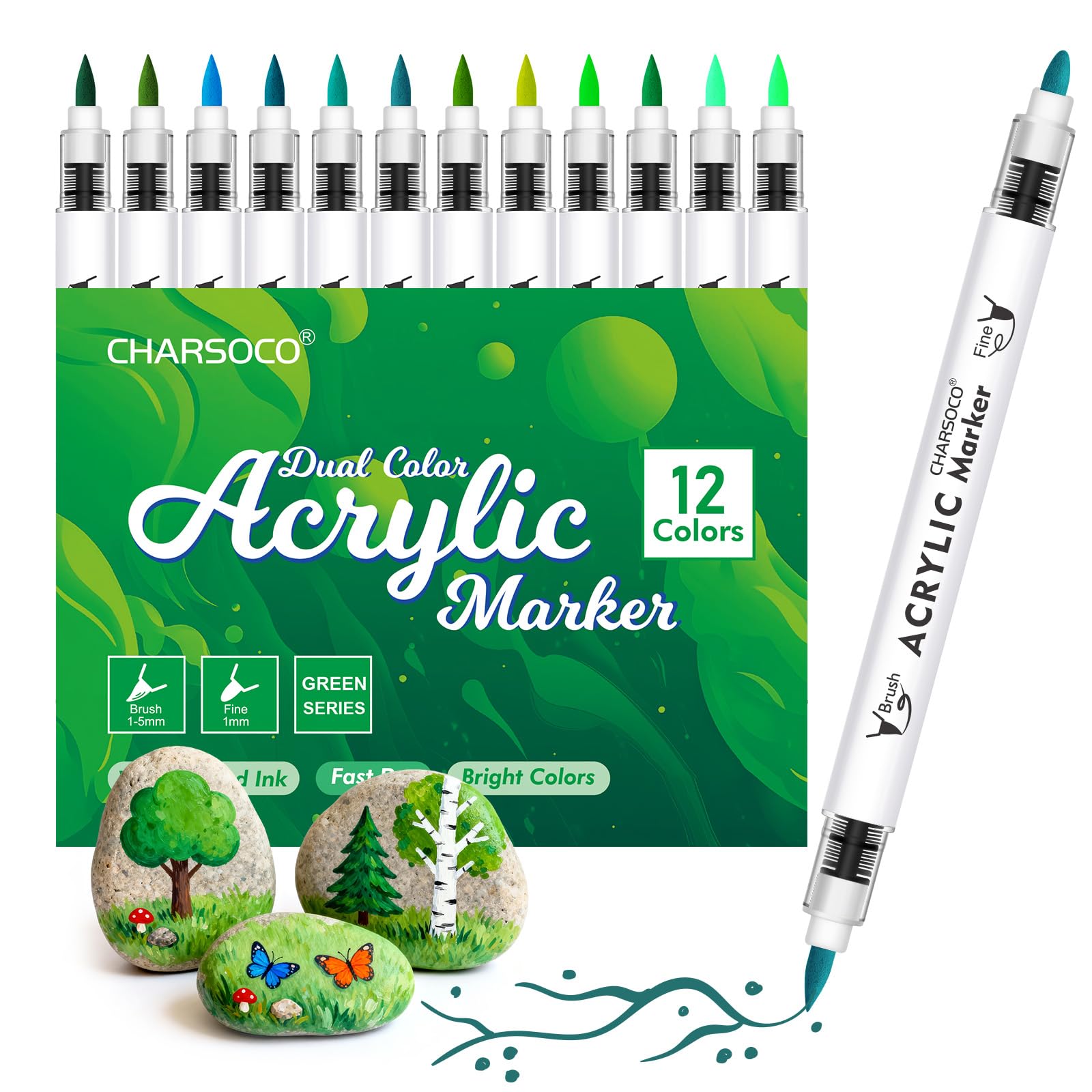 CHARSOCO Green Tones Acrylic Paint Pens, 12 Colours, Dual Tip Brush and Bullet, for Rock Painting, Glass, Ceramic, Canvas, Stone, Fabric