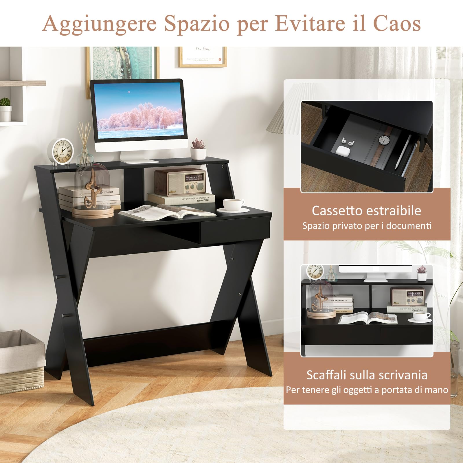Scrivania per Computer in Legno con cassetti, Scrivania per Ufficio con Supporto per Monitor, Scrivania Moderna, Poggiapiedi e Gambe a Forma di X, per Casa e Ufficio, 90 X 61 X 94 cm (Nero)
