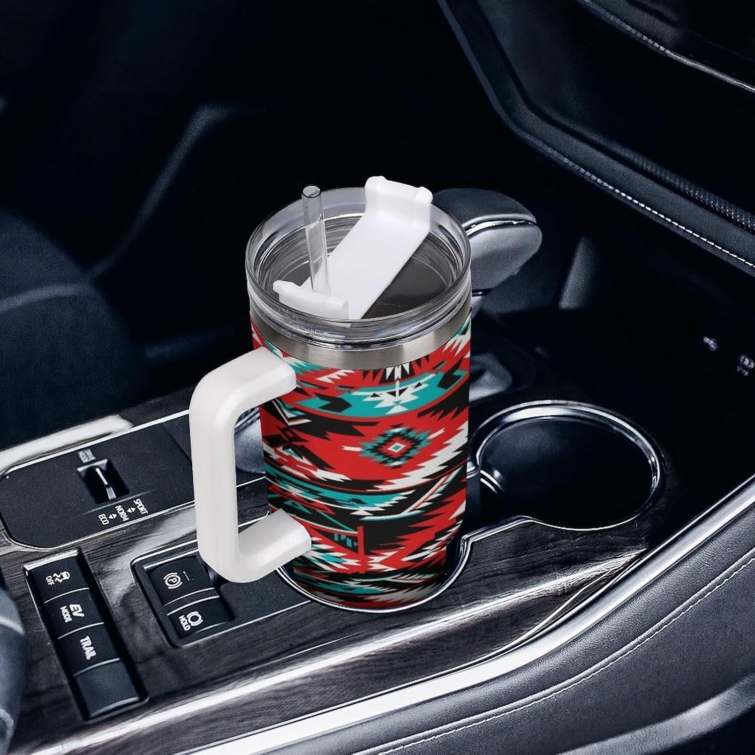Stainless Steel Insulated Tumbler with Lid and Straw, Portable Geometric Indiana Western Southwest Tribal Ethnic Aztec Red Turquoise Water Bottle, Travel Cup for Water, Iced Tea, Coffee