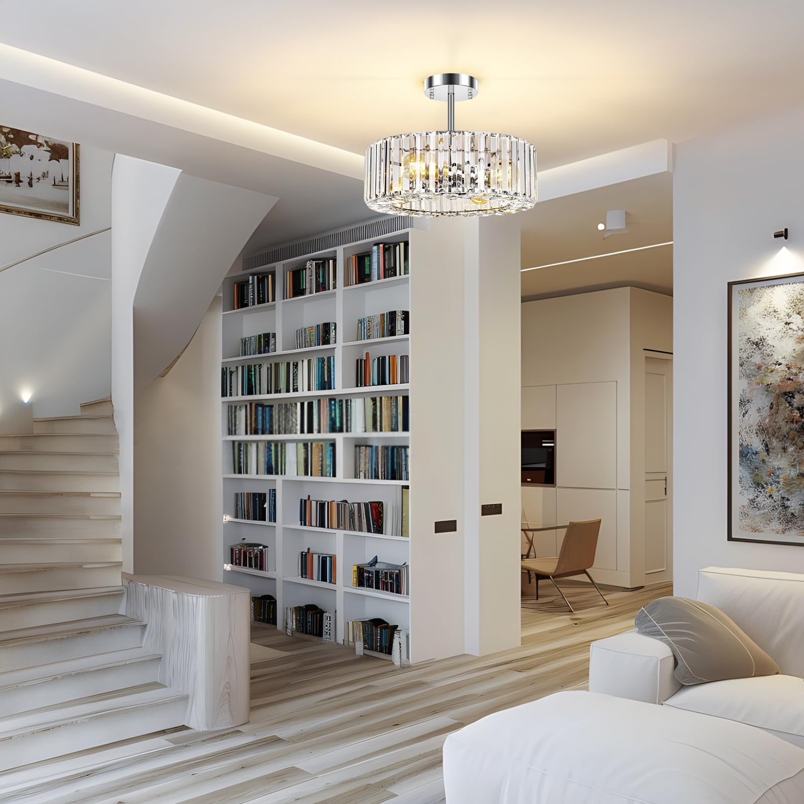 FRIDEKO HOME Moderna plafoniera in cristallo cromato, 4 fiamme grande lampadario rotondo cristallo paralume metallo soffitto E27 per camera da letto, soggiorno, sala da pranzo, cucina, corridoio, Ø37