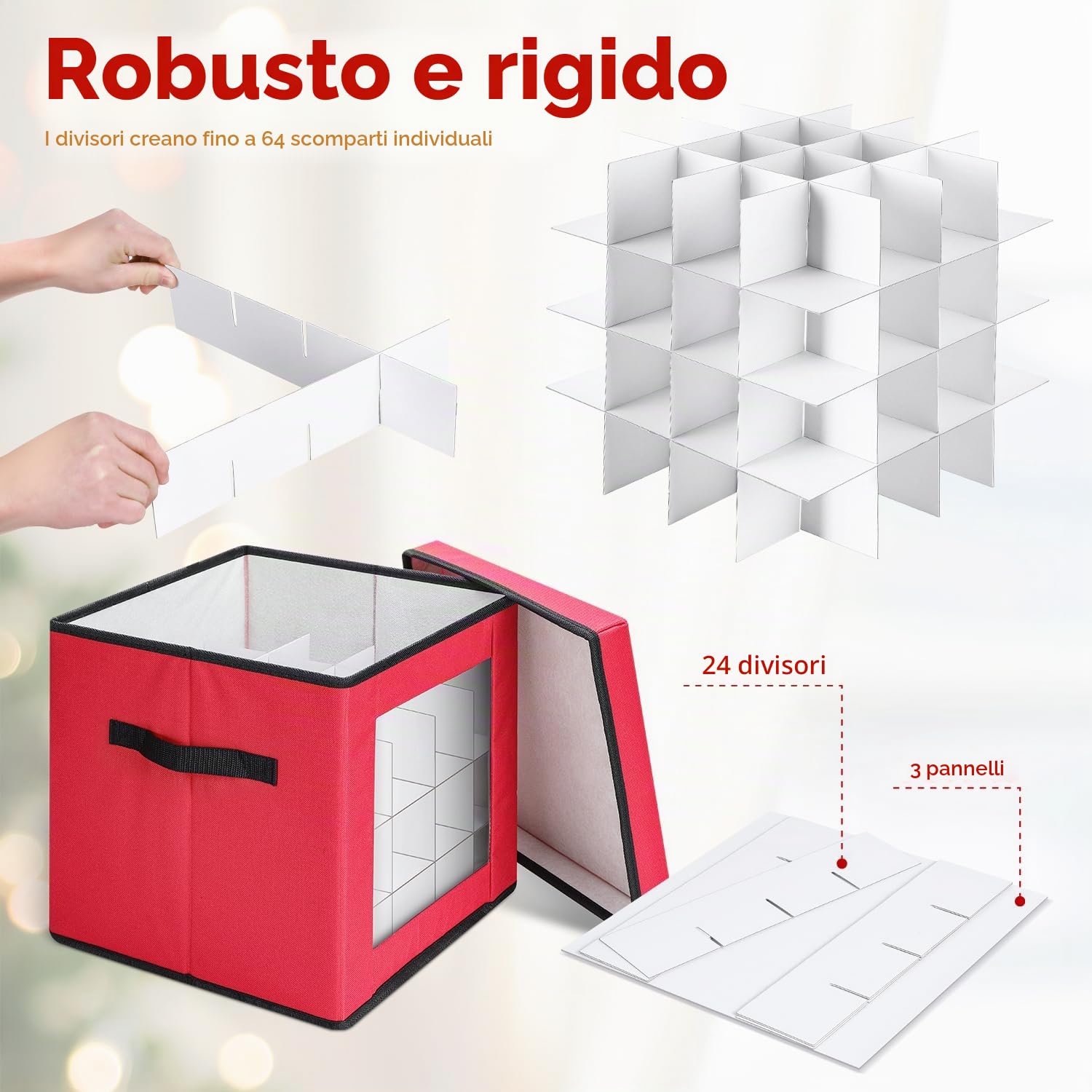 Porta Palline Natale, Ohuhu Contenitore Palline di Natale 64 Scomparti da 7,6 cm, con Tasca Posteriore E Divisori Regolabili, Tessuto Oxford 600D
