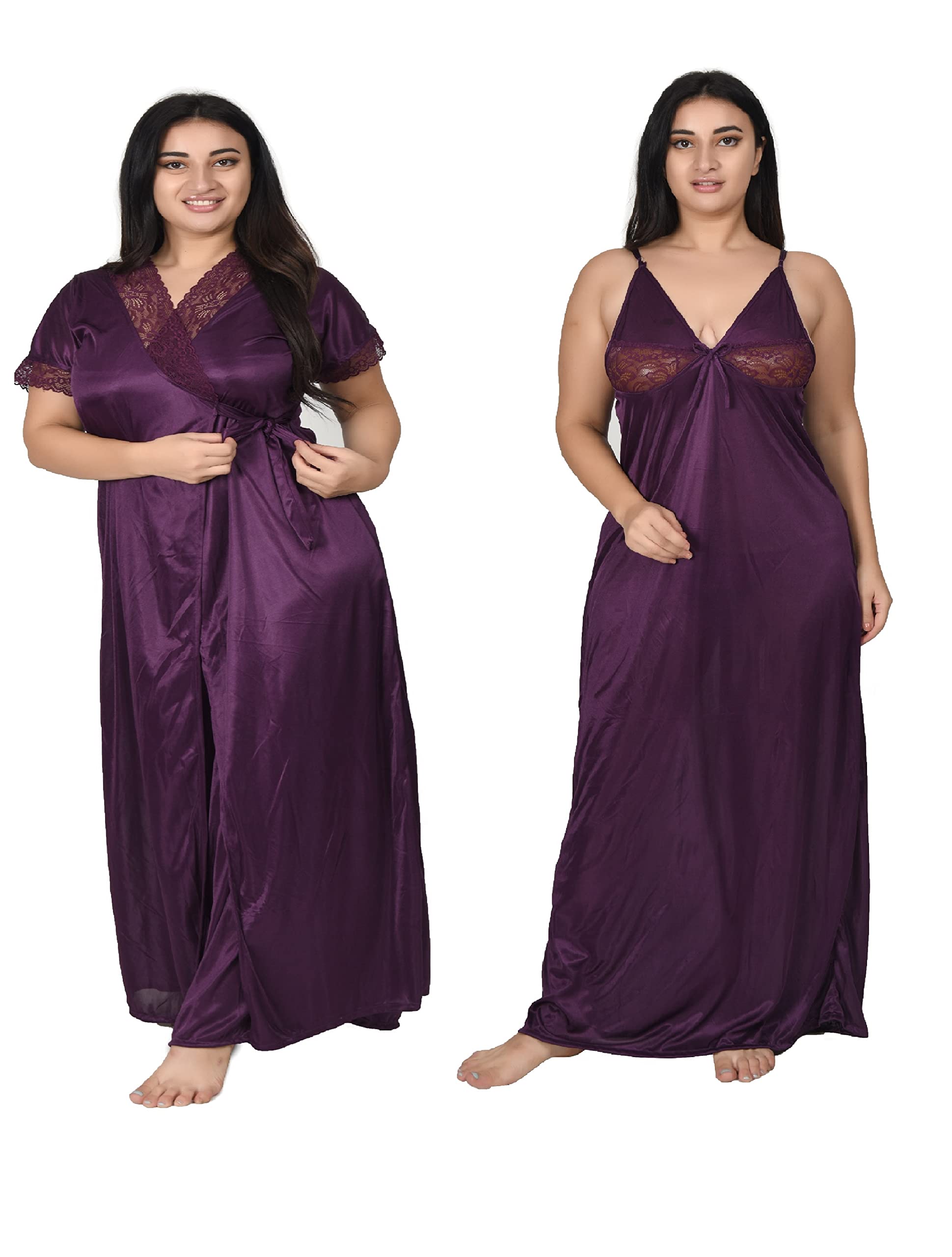 gwachi Women's Satin Solid | Plain Stylish Latest Maxi Sleeveless with Short Sleeve Night Gown | Nighty with Robe | Nightwear 1 Nighty & 1 Wrap Gown | 2 pcs Set-picture-22