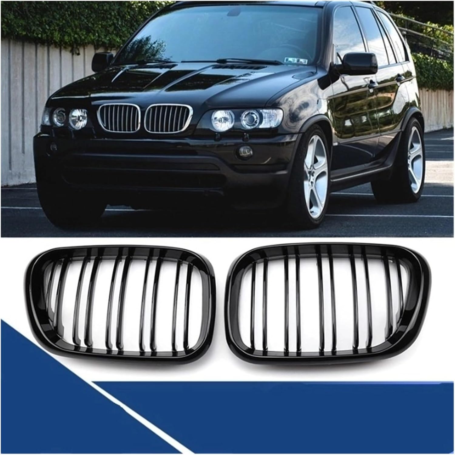 Car Glossy Black Grill Front Kidney Grille Compatible With BMW X5 E53 Pre-LCI 1999 2000 2001 2002 2003 Dual Slats Double Line Grills(2.Black with 3 Color)