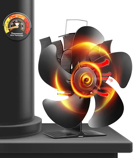 Xmasneed Wood Stove Fan, Fireplace Fan for Wood Burning Stove, Heat Powered fan, Wood Stove Accessories, Quiet Operation Circulating Warm Air, (Include Magnetic Thermometer) (5-Blade)
