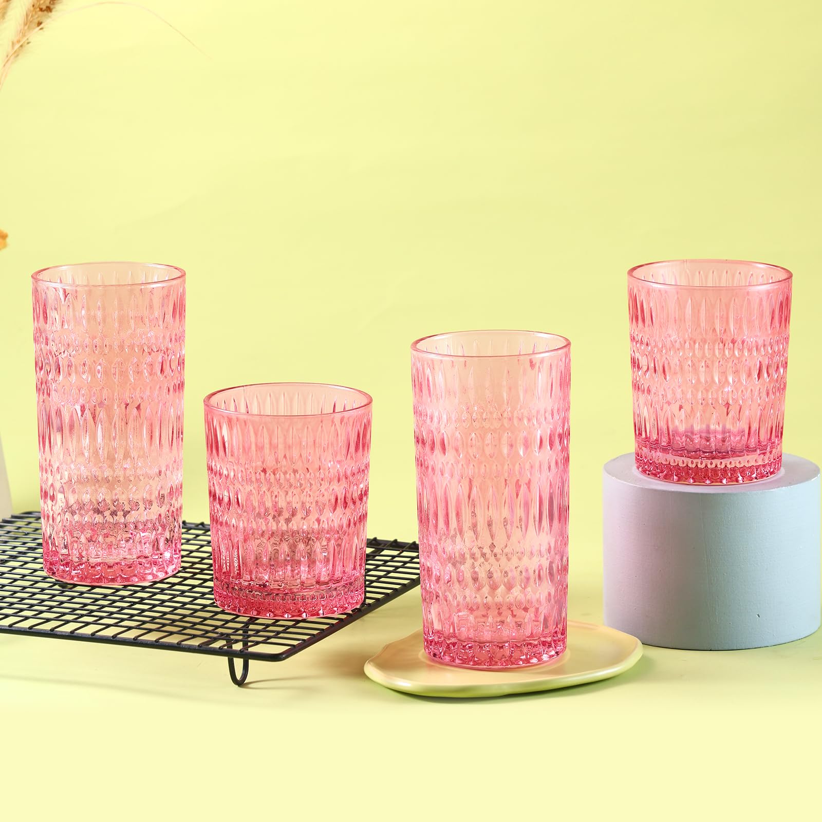 Loivttvv Glassware Trinkgläser-Set, 400 ml und gerippte Glasbecher, Vintage-Gläser für Wasser, Saft, Cocktail, Whiskey, Rosa, 8 Stück