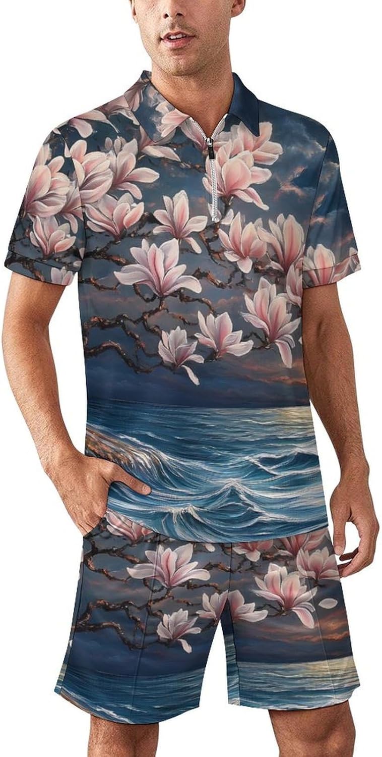 Magnolia Flower Full Moon Over Sea Mens Polo Shirts Track Suits 2 Piece Short Sleeve Sweatsuit 1/4 Zip Golf Loungewear for Sports
