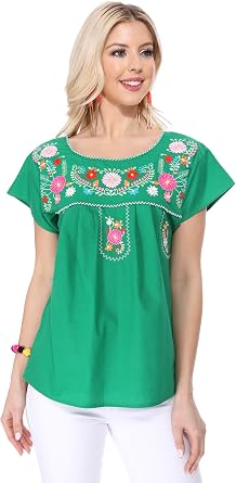 unik Women Traditional Puebla Mexican Embroidered Blouse