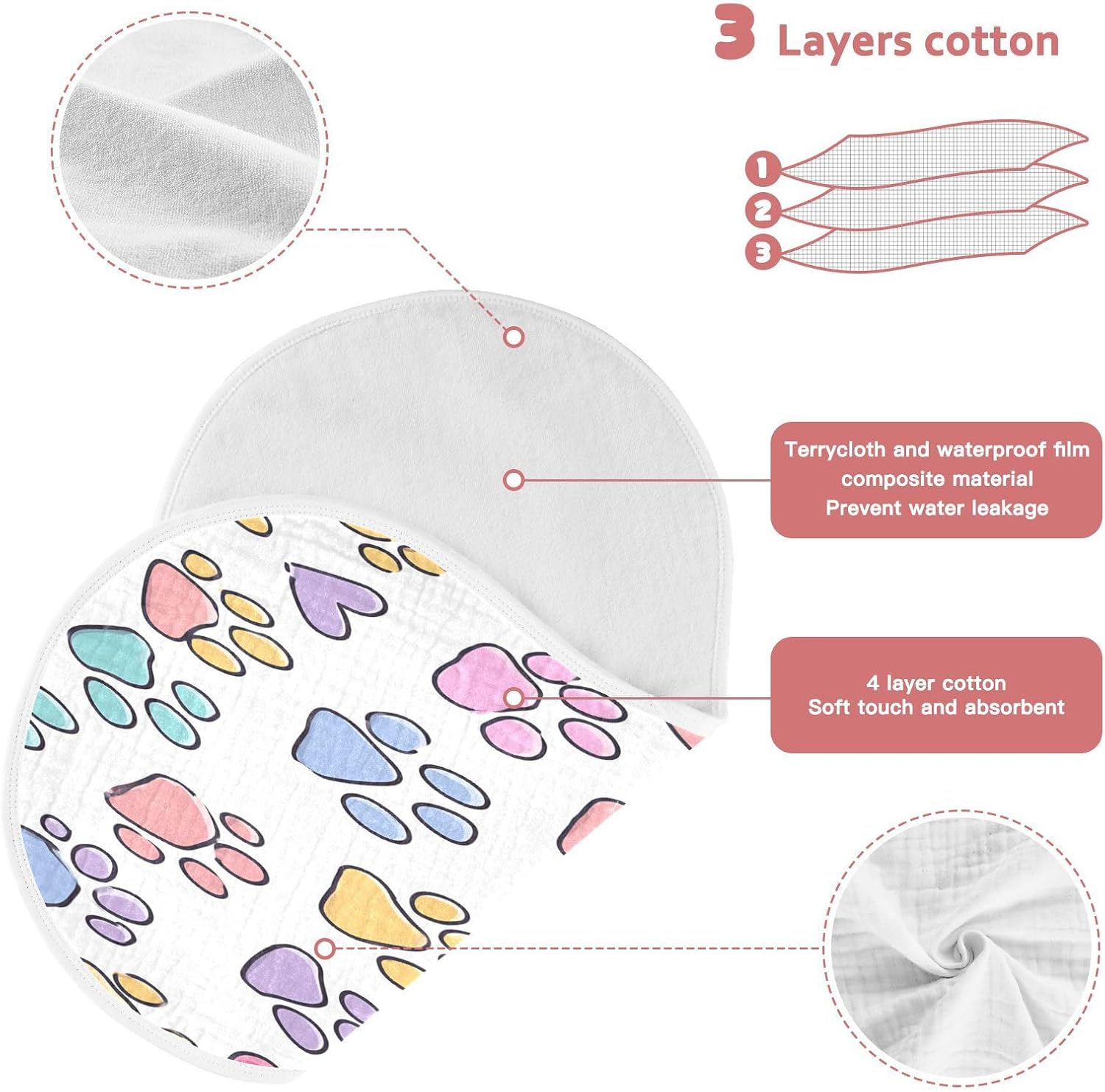 Cute Cartoon Paw Prints Hearts Baby Burp Cloths -4Pcs Soft Absorbent Muslin Washcloths Bibs Face Towel for Newborn Boys Girls 22 x 11 Inch