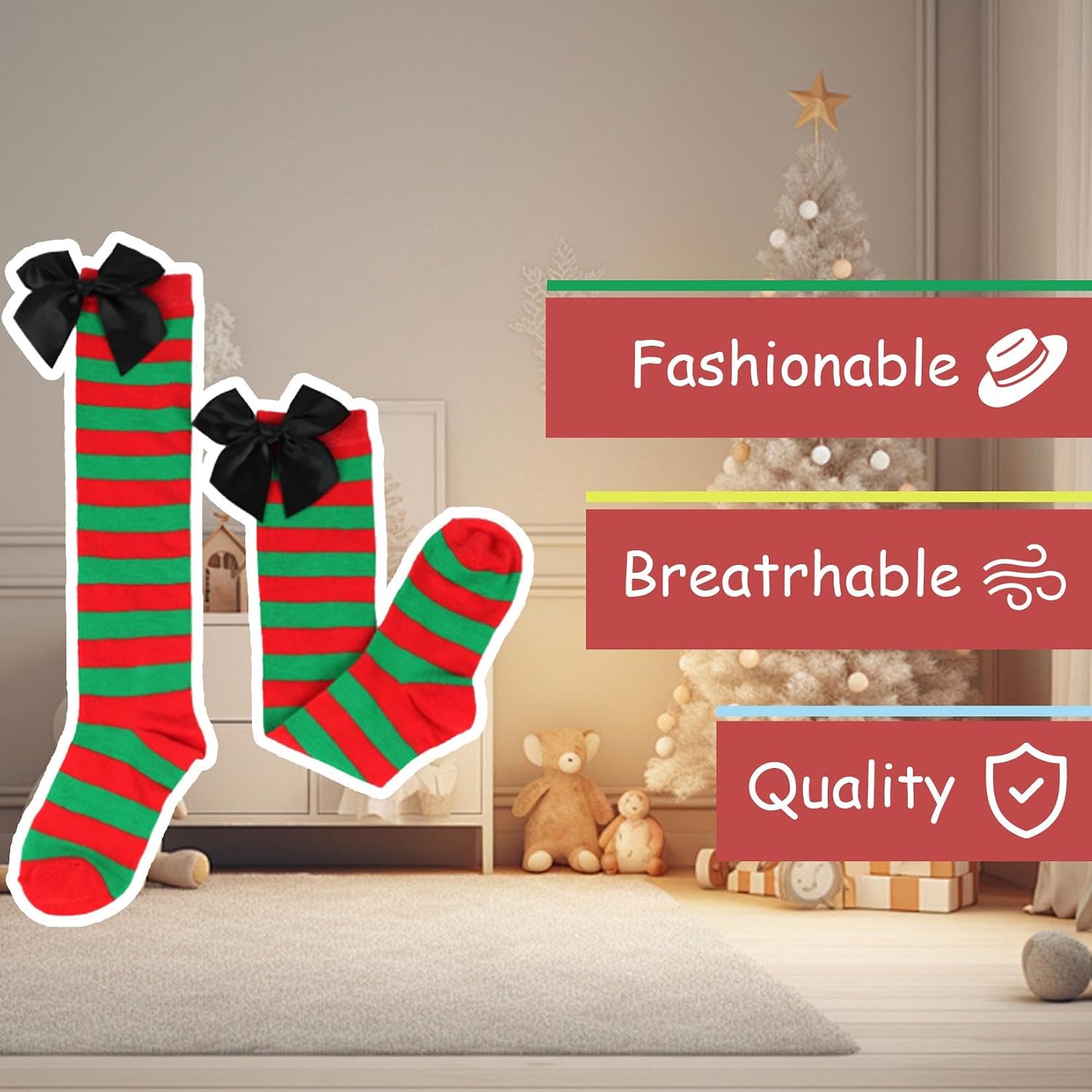Girls Knee High Socks with Bows Striped Long Socks Cute Colorful 8-12 Years Old 3 Pairs