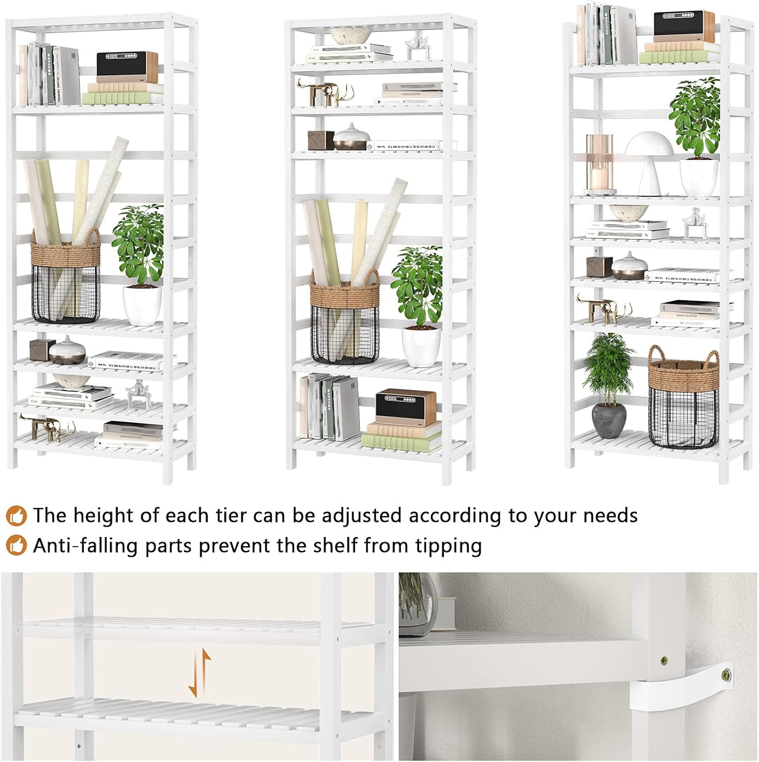 Homykic 6-Tier Bamboo Bookshelves and Bookcases, Adjustable 63.4”Tall Shallow Book Shelf Organizer Rack, Freestanding Storage Shelving Unit for Living Room, Kitchen, Bathroom, Office, White